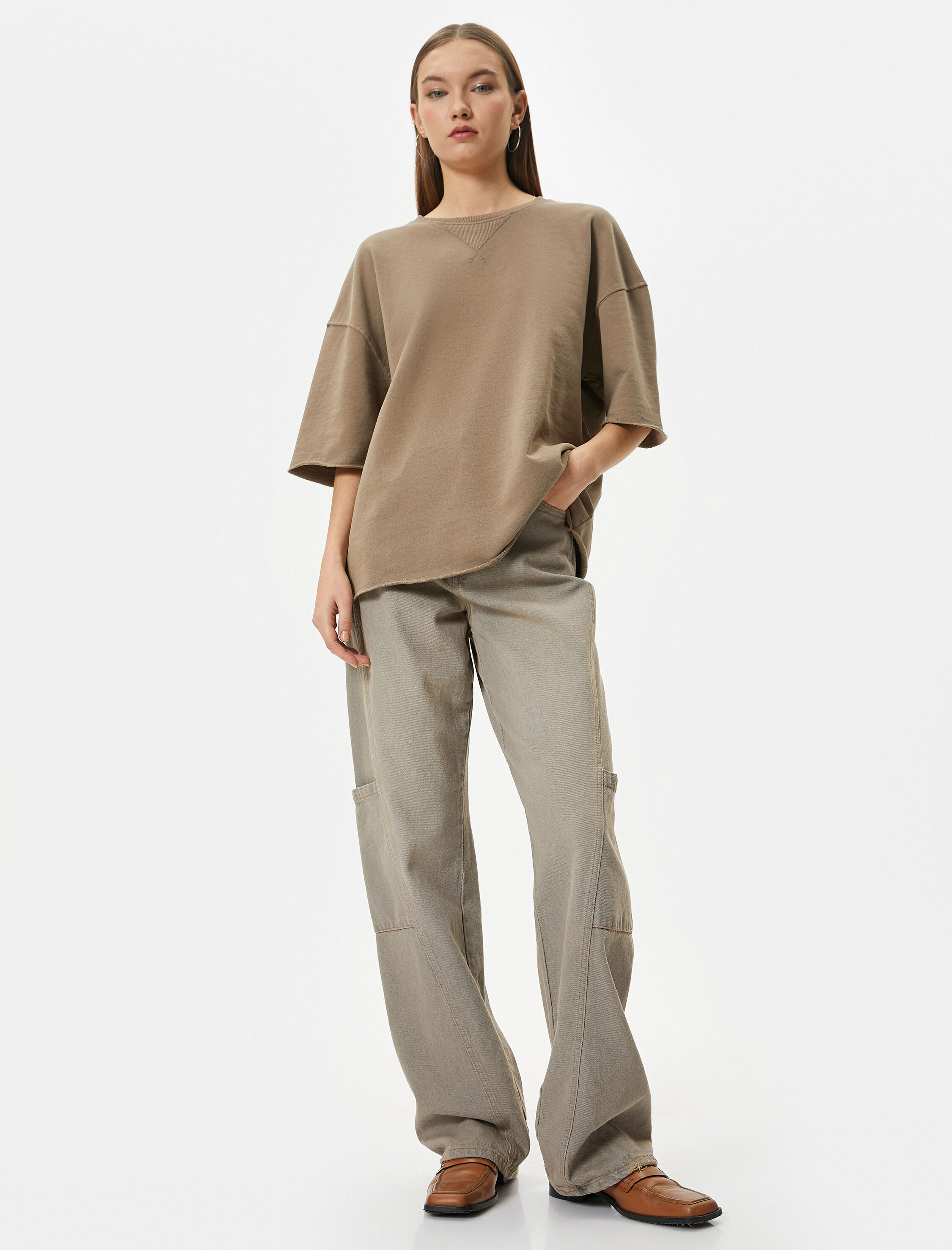   Oversize Tişört Kısa Kollu Bisiklet Yaka Pamuklu