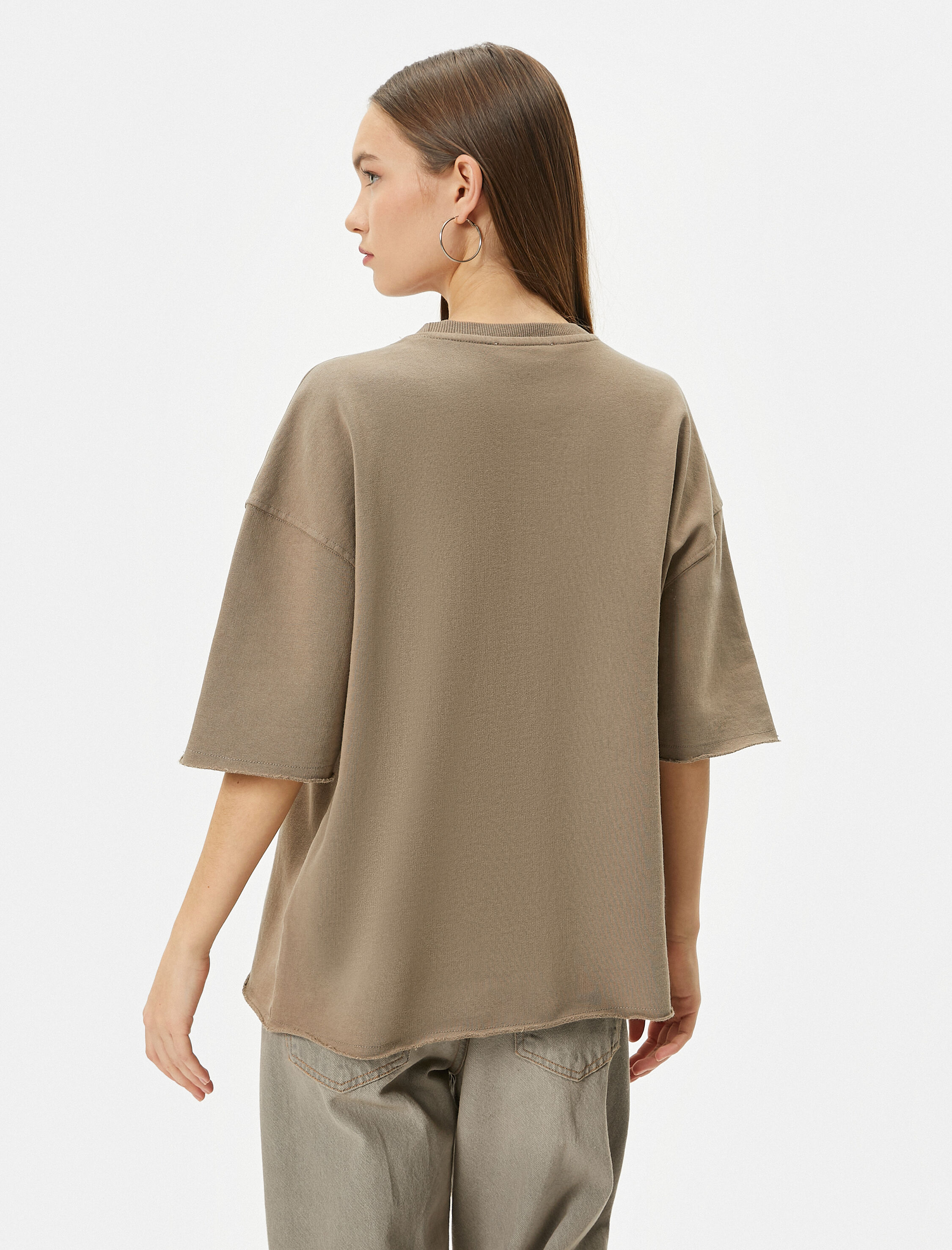   Oversize Tişört Kısa Kollu Bisiklet Yaka Pamuklu