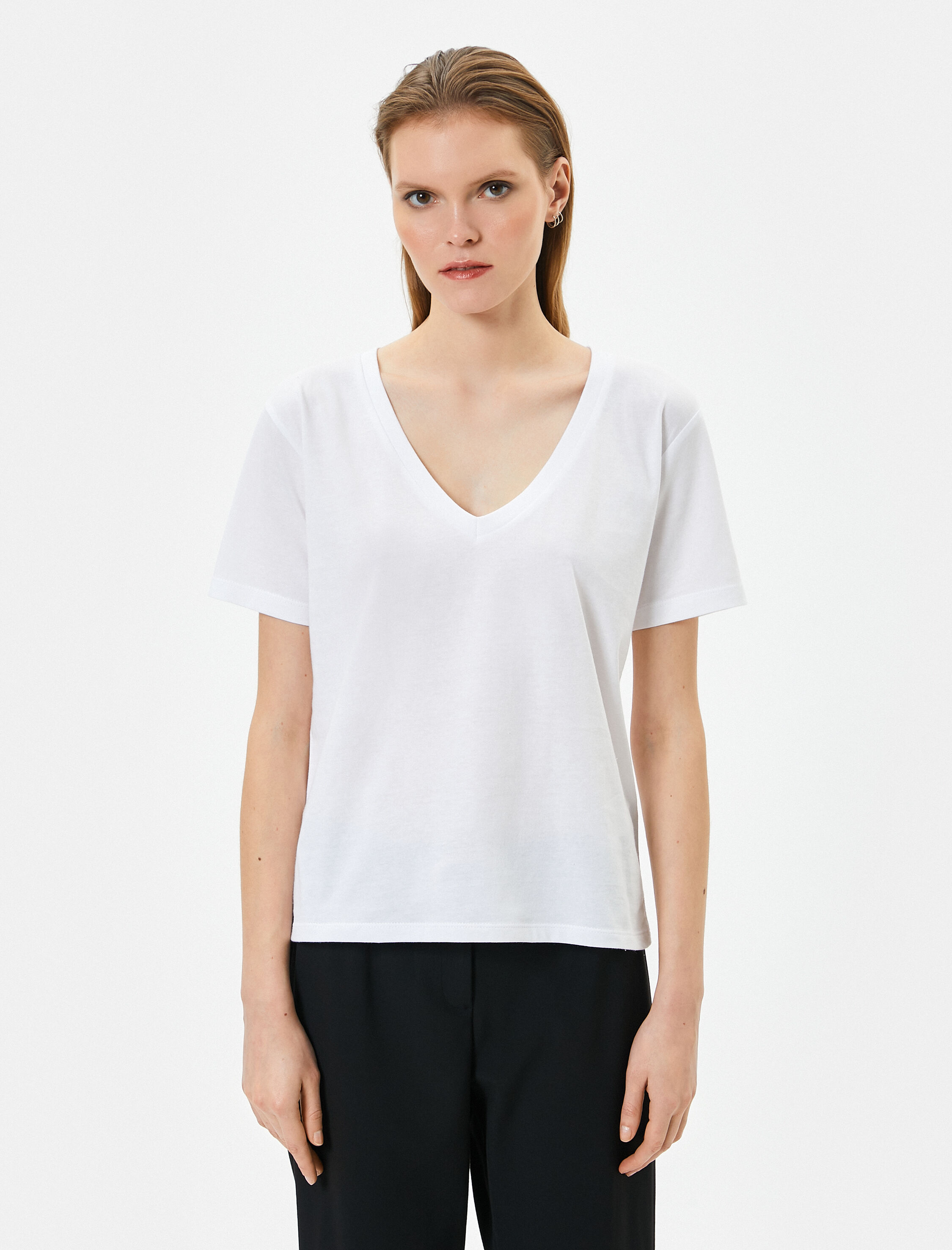   Basic Tişört Kısa Kollu V Yaka Pamuklu