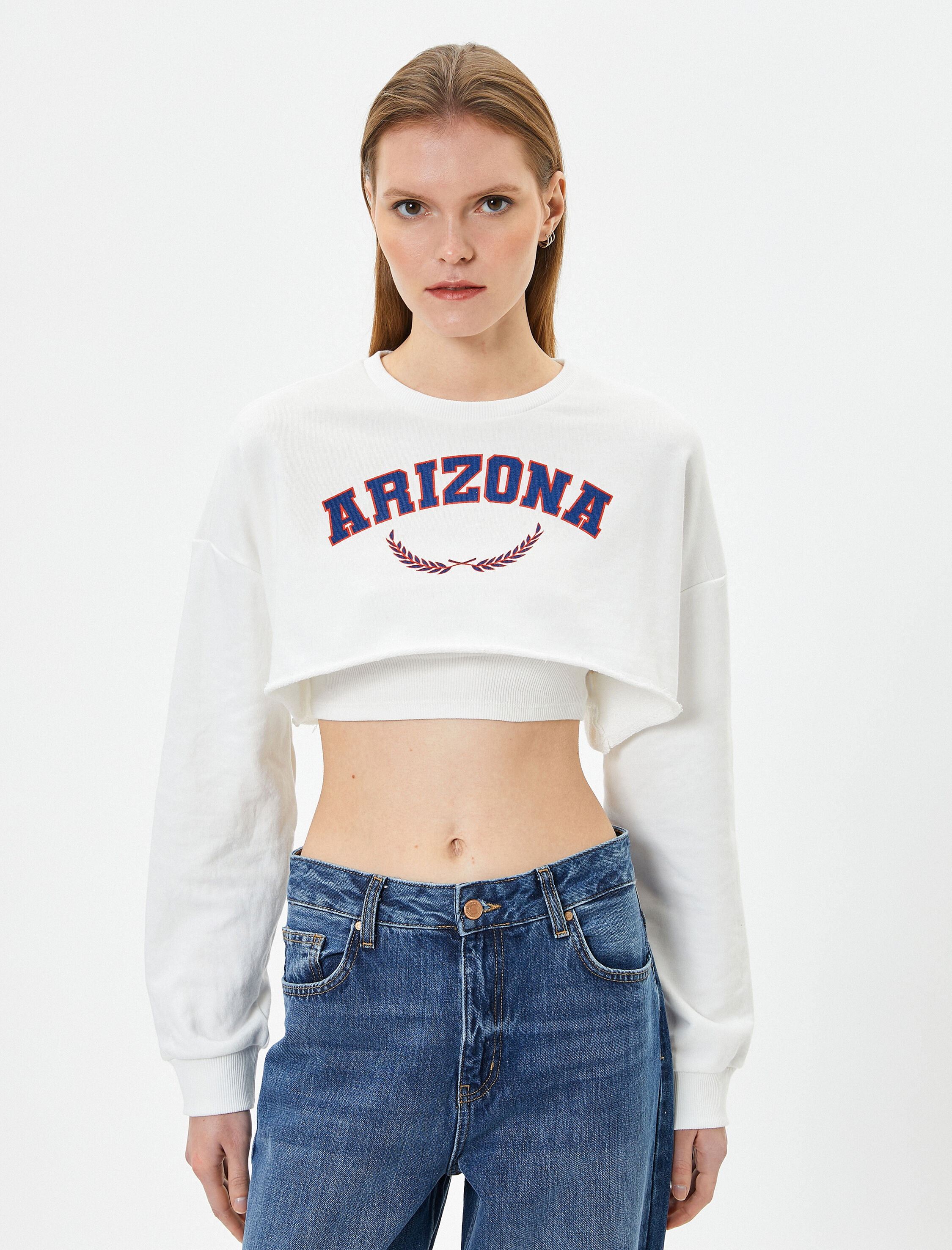   Crop Sweatshirt Baskılı Bisiklet Yaka Uzun Kollu