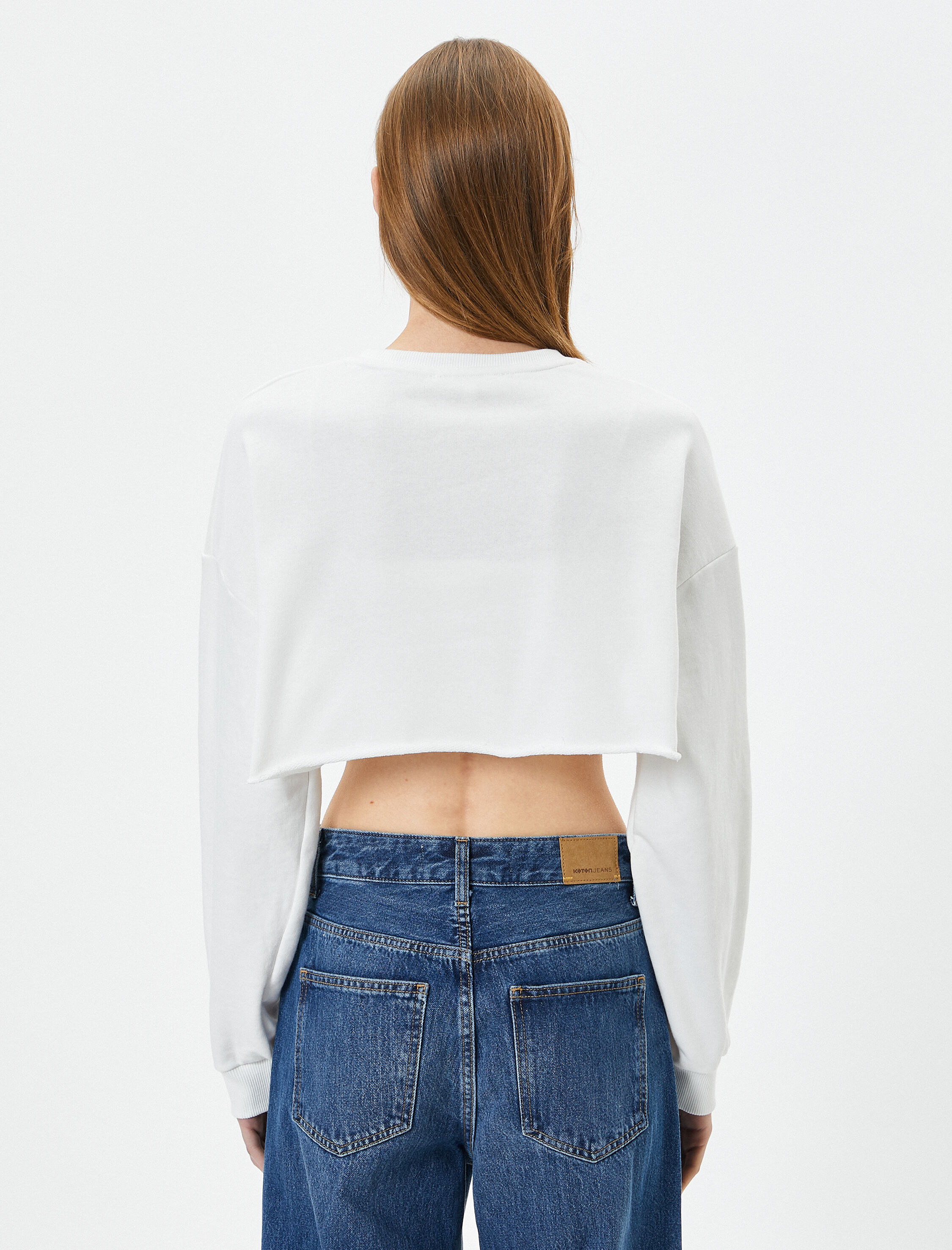   Crop Sweatshirt Baskılı Bisiklet Yaka Uzun Kollu