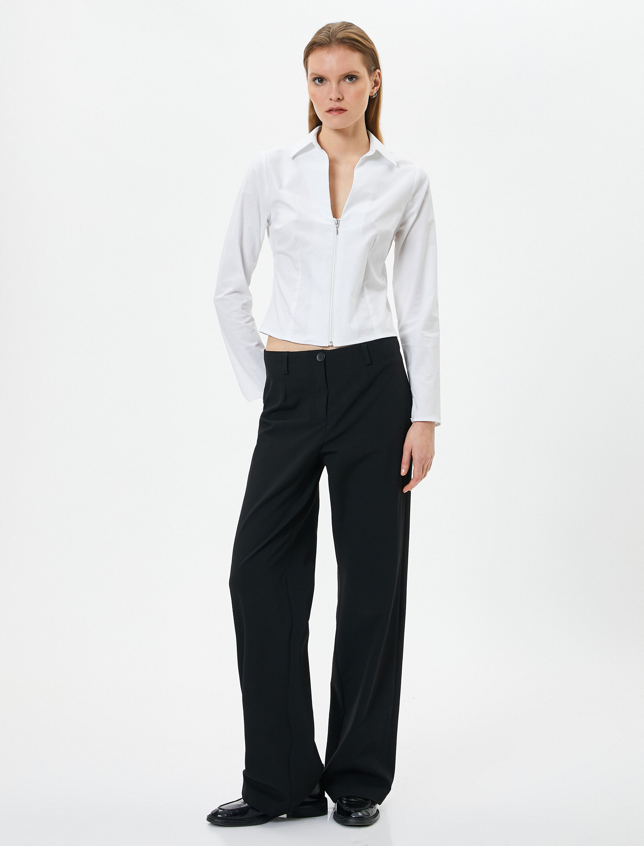 Fermuarlı Poplin Gömlek Uzun Kollu Pamuklu Slim Fit