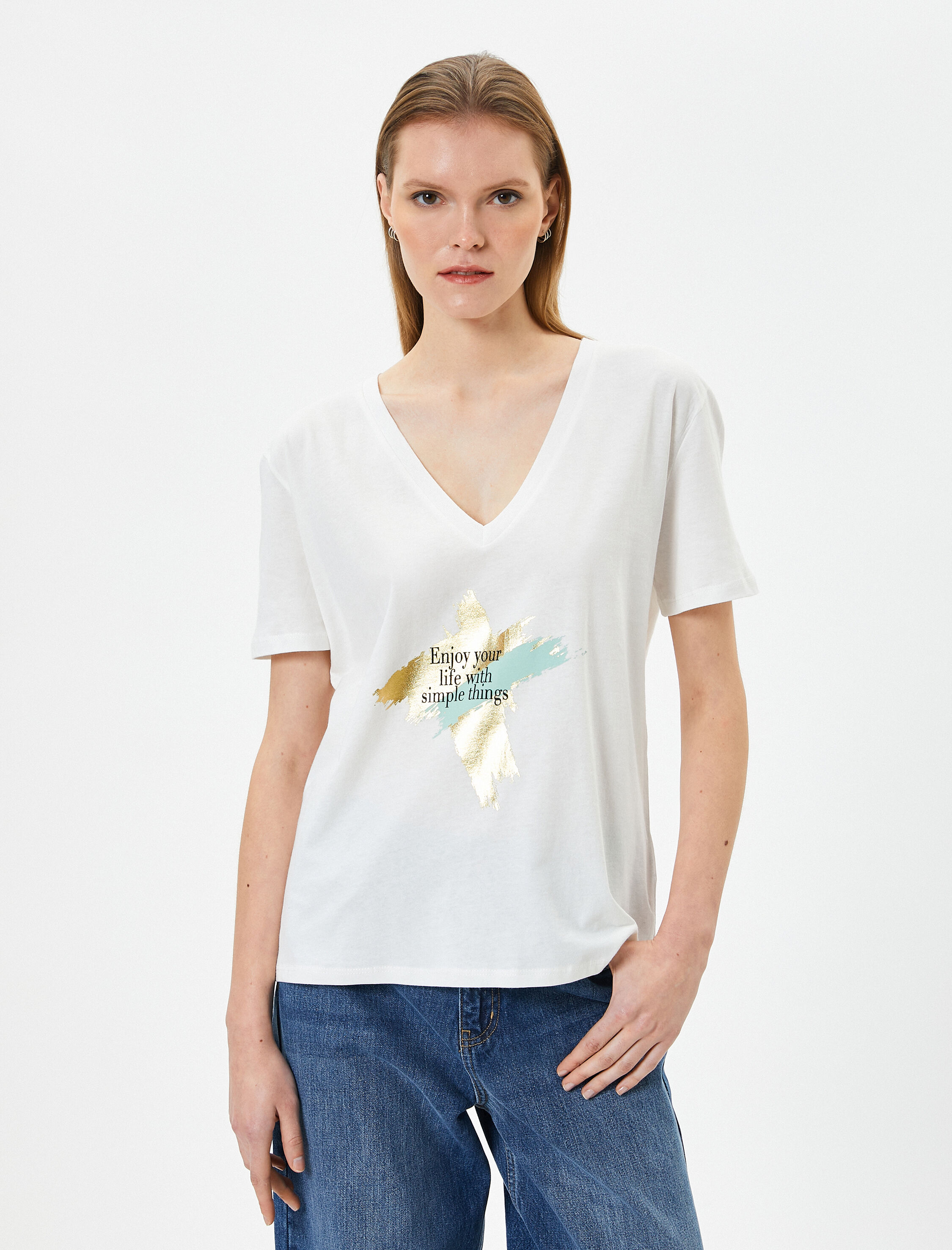   Baskılı Tişört Kısa Kollu V Yaka Pamuklu