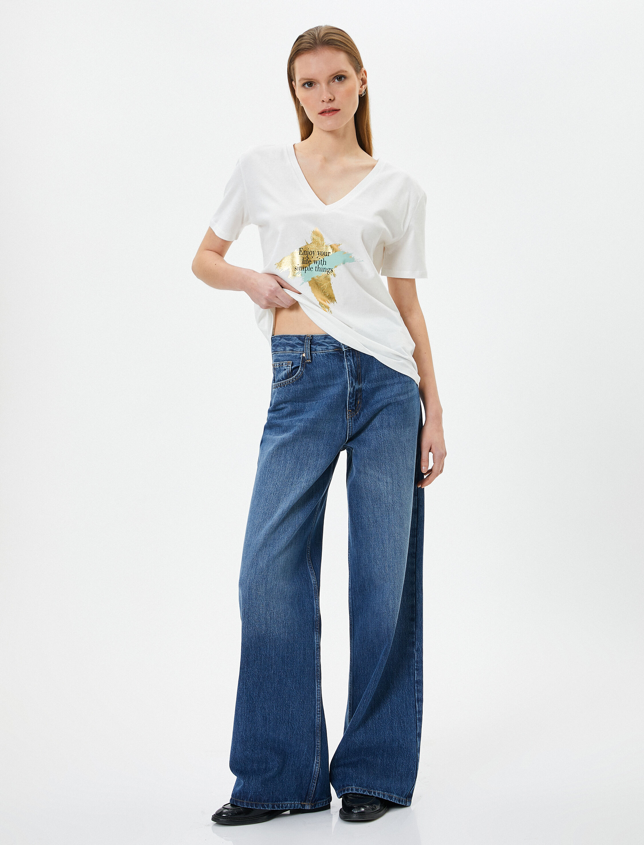   Baskılı Tişört Kısa Kollu V Yaka Pamuklu