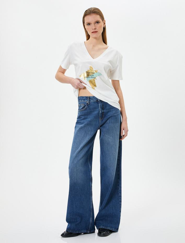  Baskılı Tişört Kısa Kollu V Yaka Pamuklu