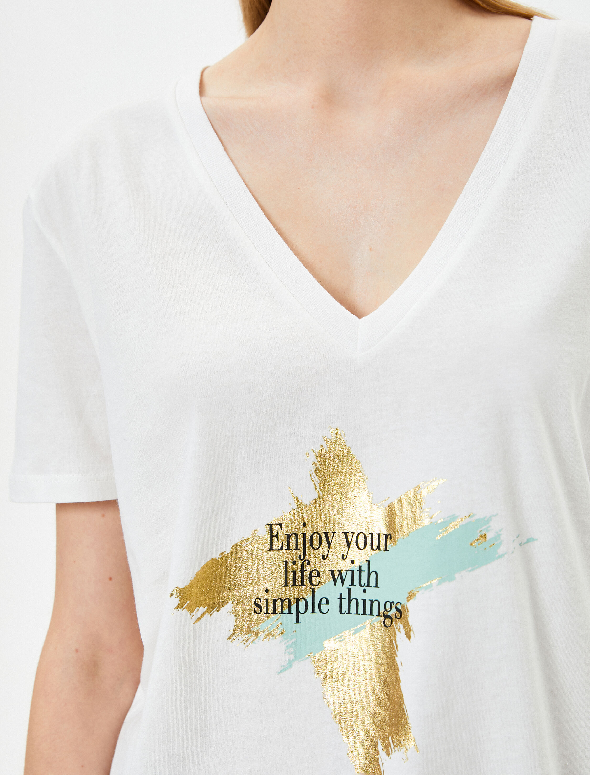   Baskılı Tişört Kısa Kollu V Yaka Pamuklu