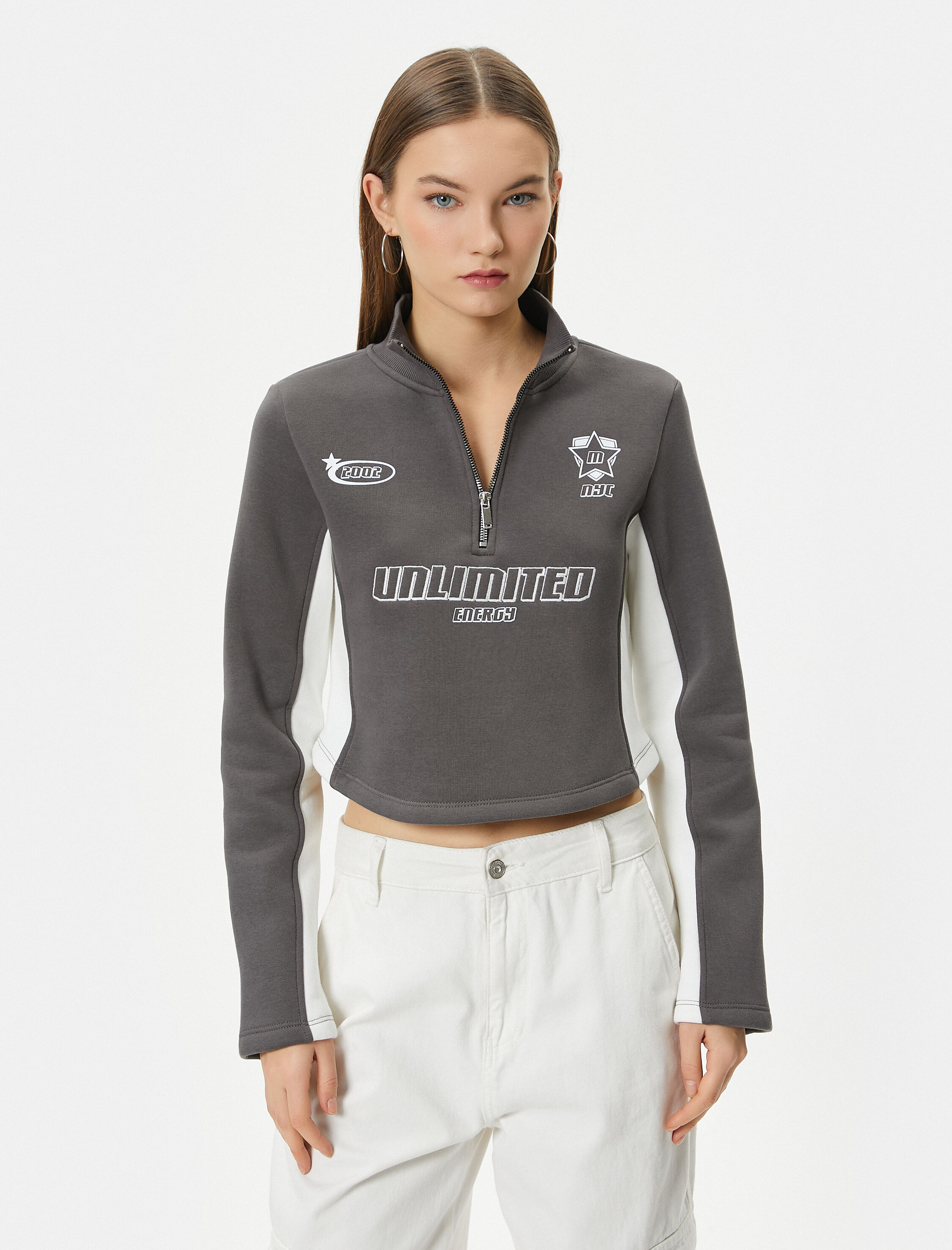   Şardonlu Yarım Fermuarlı Sweatshirt Crop Dik Yaka Renk Bloklu