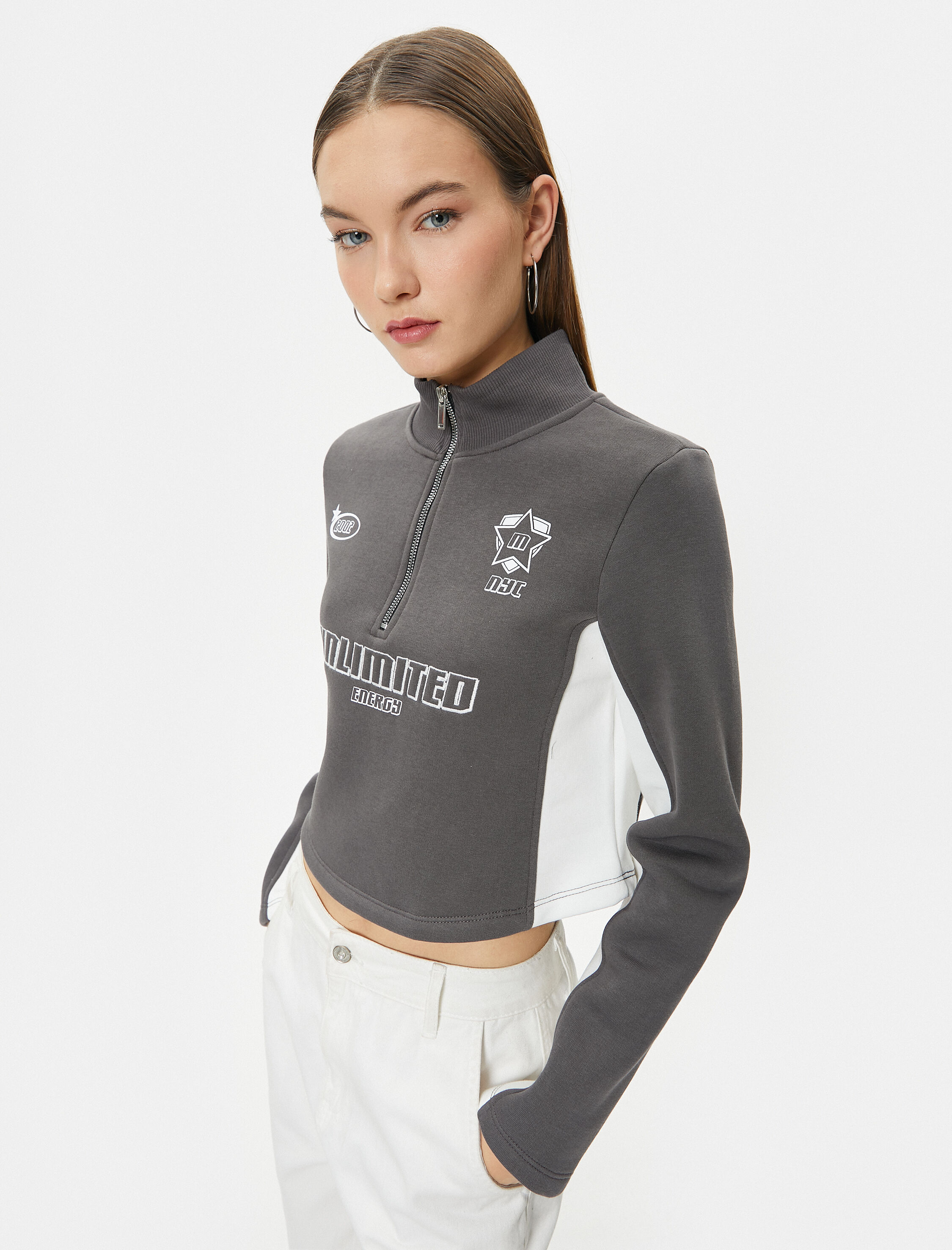 Koton Kadın Şardonlu Yarım Fermuarlı Sweatshirt Crop Dik Yaka Renk Bloklu - 1