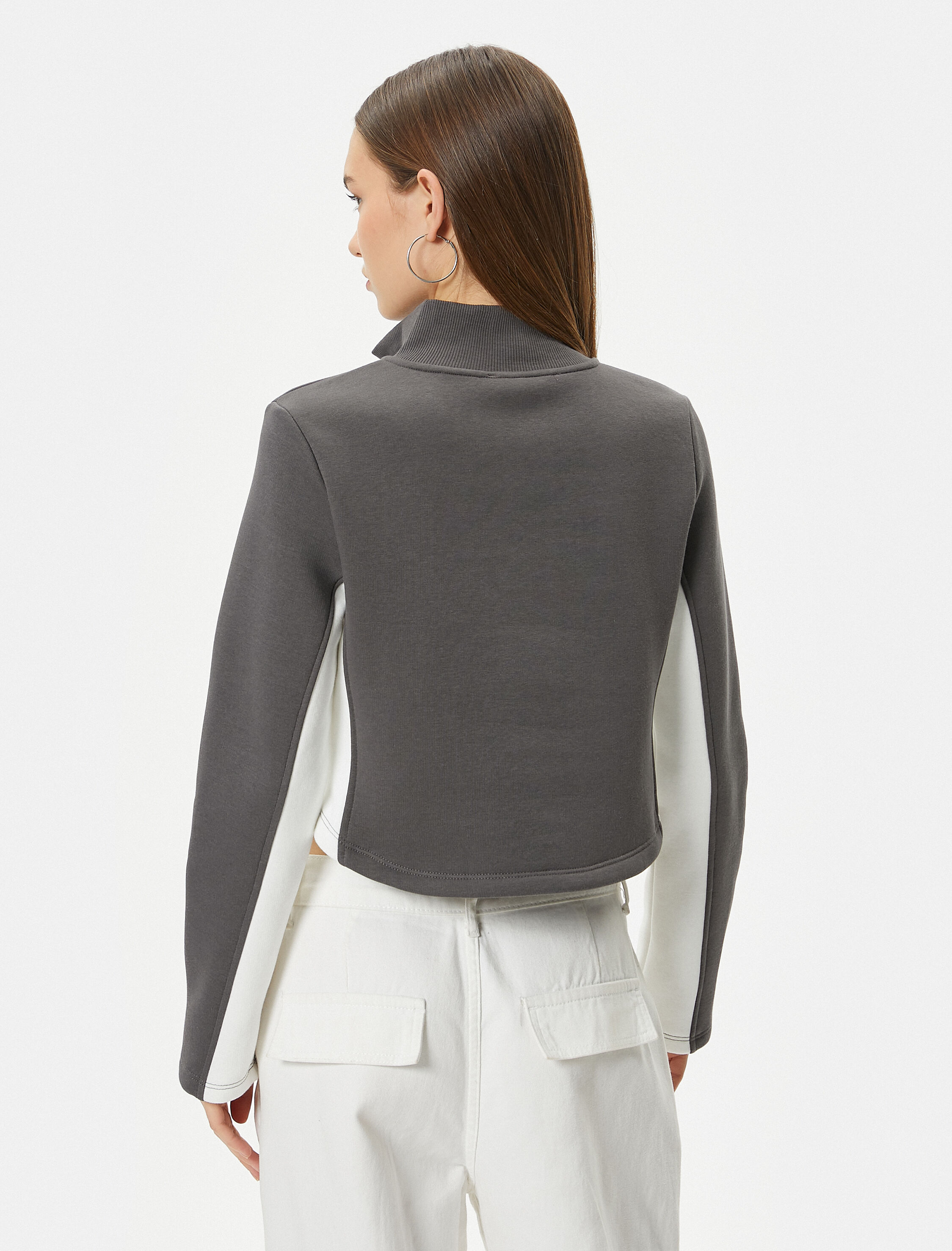   Şardonlu Yarım Fermuarlı Sweatshirt Crop Dik Yaka Renk Bloklu