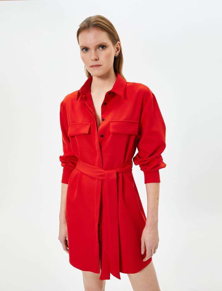  Gömlek Elbise Kuşaklı Cep Detaylı Uzun Kollu