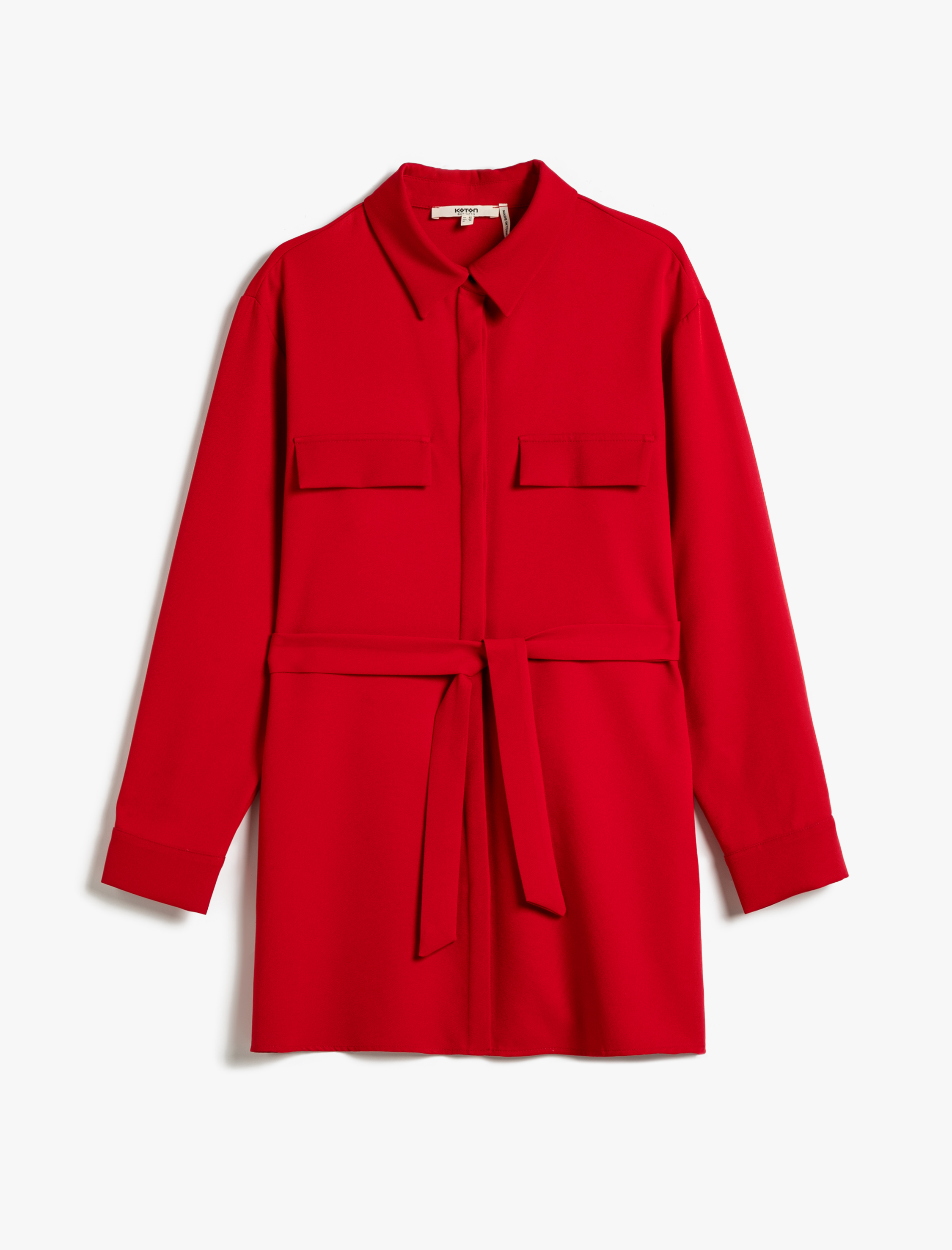   Gömlek Elbise Kuşaklı Cep Detaylı Uzun Kollu