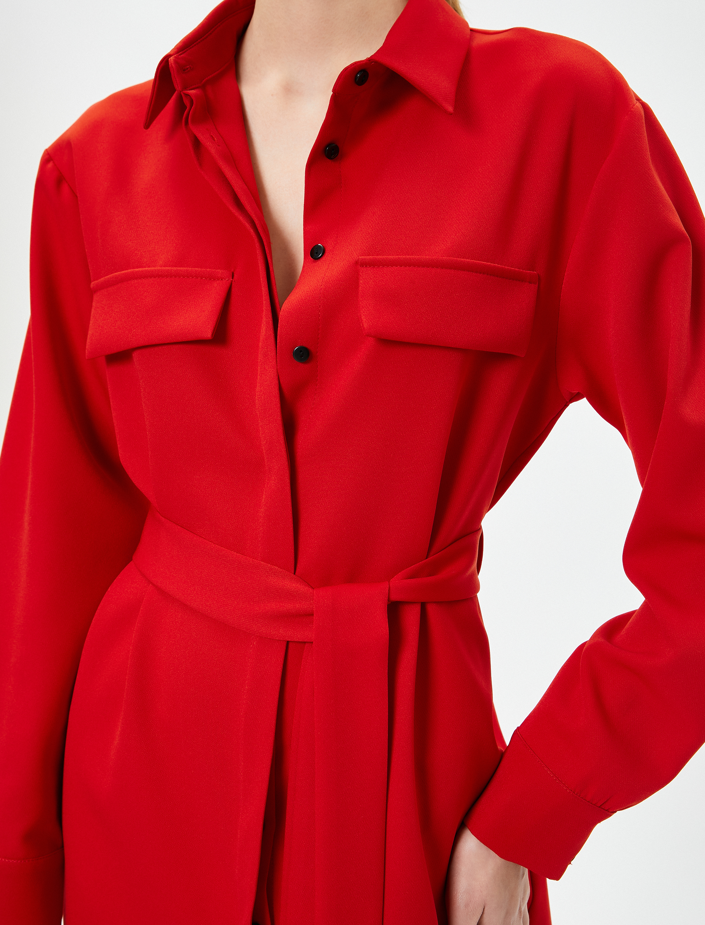   Gömlek Elbise Kuşaklı Cep Detaylı Uzun Kollu