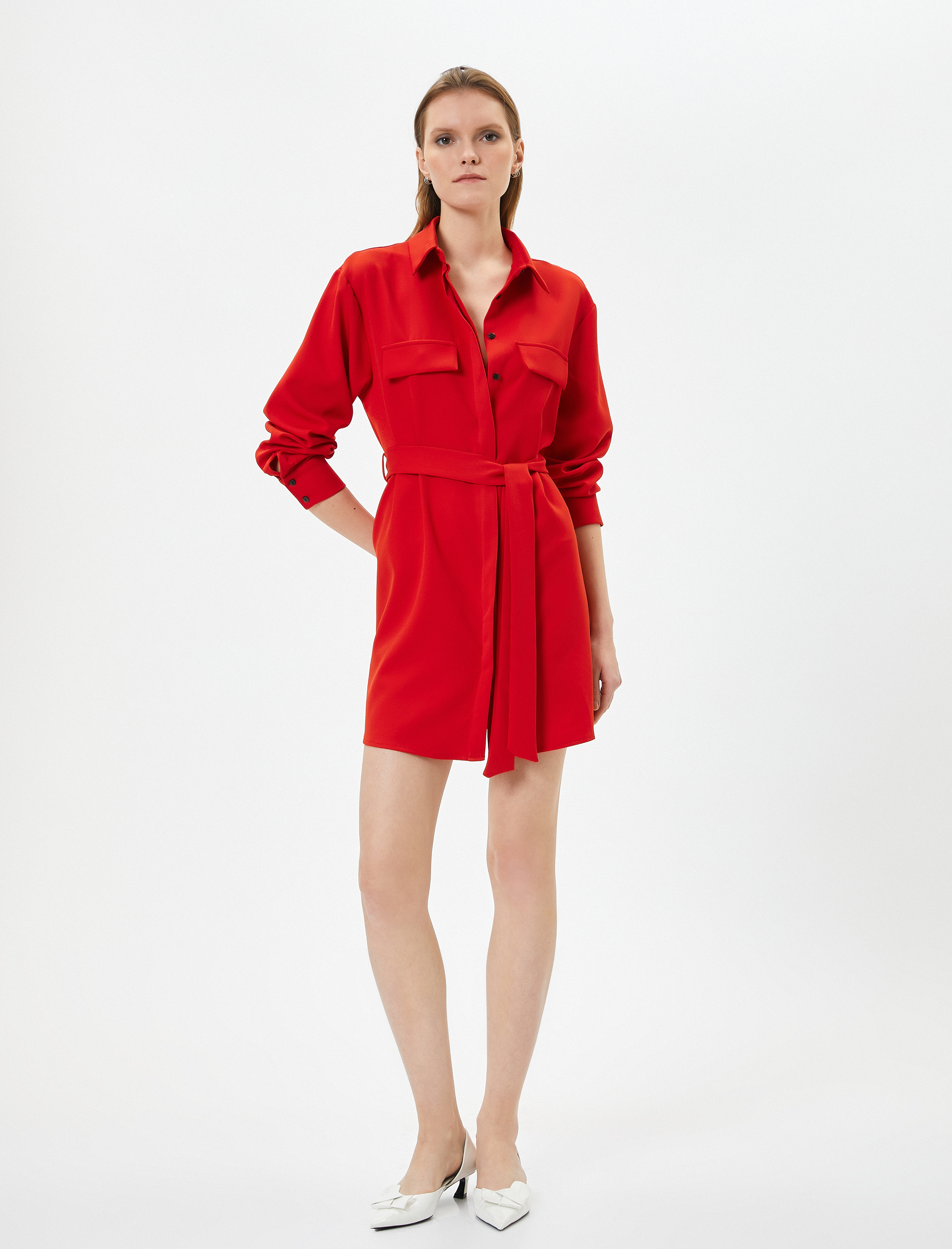   Gömlek Elbise Kuşaklı Cep Detaylı Uzun Kollu