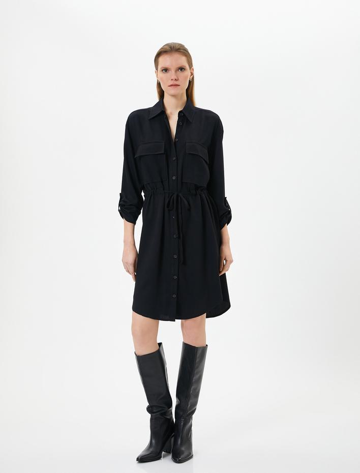  Gömlek Elbise Beli Bağlamalı Düğmeli Cep Detaylı