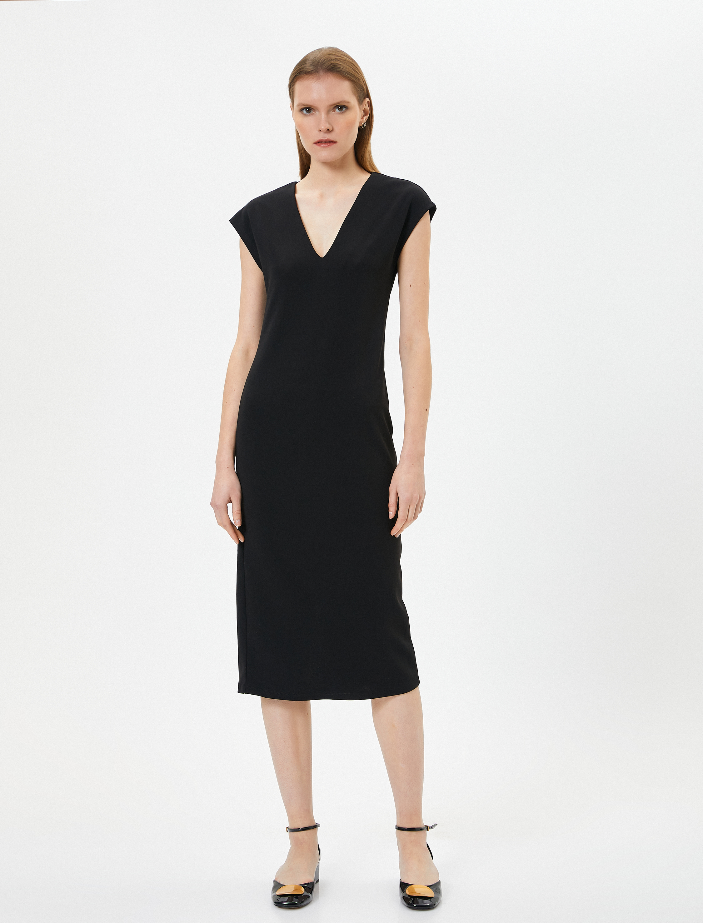   Midi Elbise V Yaka Kısa Kollu Yırtmaç Detaylı