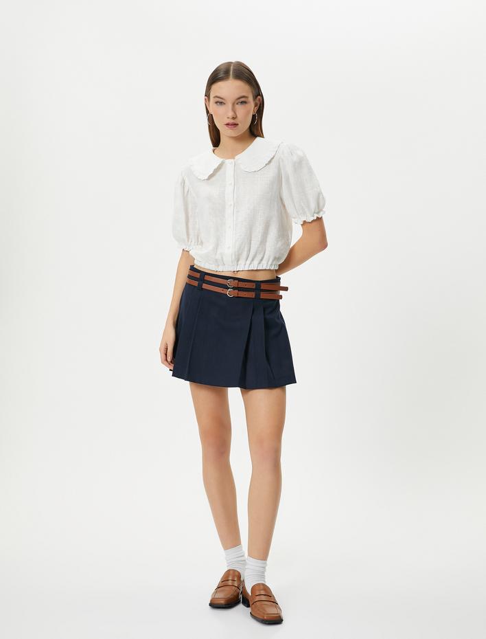  Balon Kol Crop Bluz Geniş Bebe Yaka Düğmeli Pamuklu