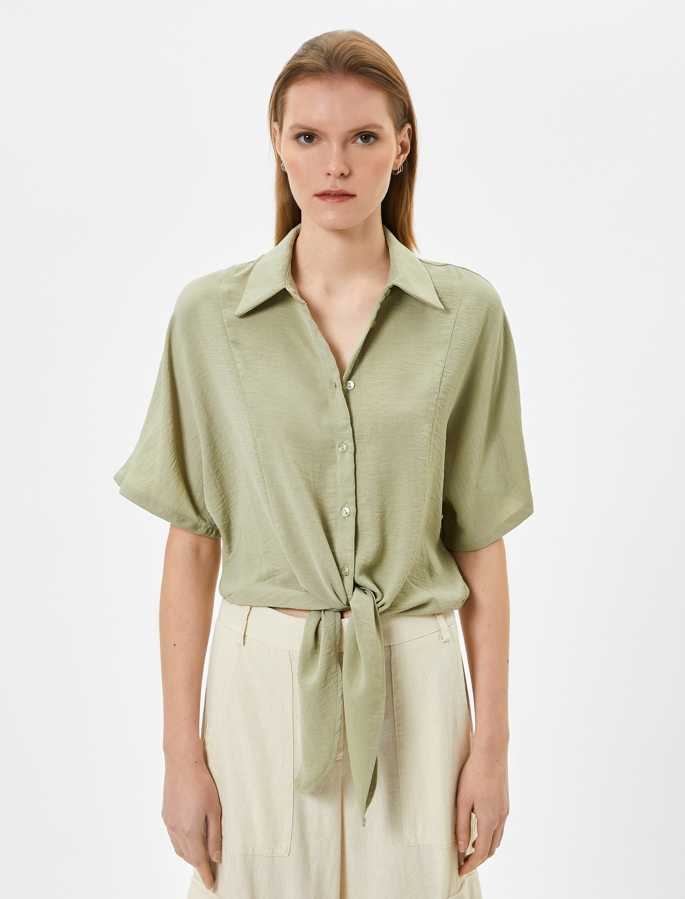   Önden Bağlamalı Gömlek Kısa Kollu Düğmeli Dokulu