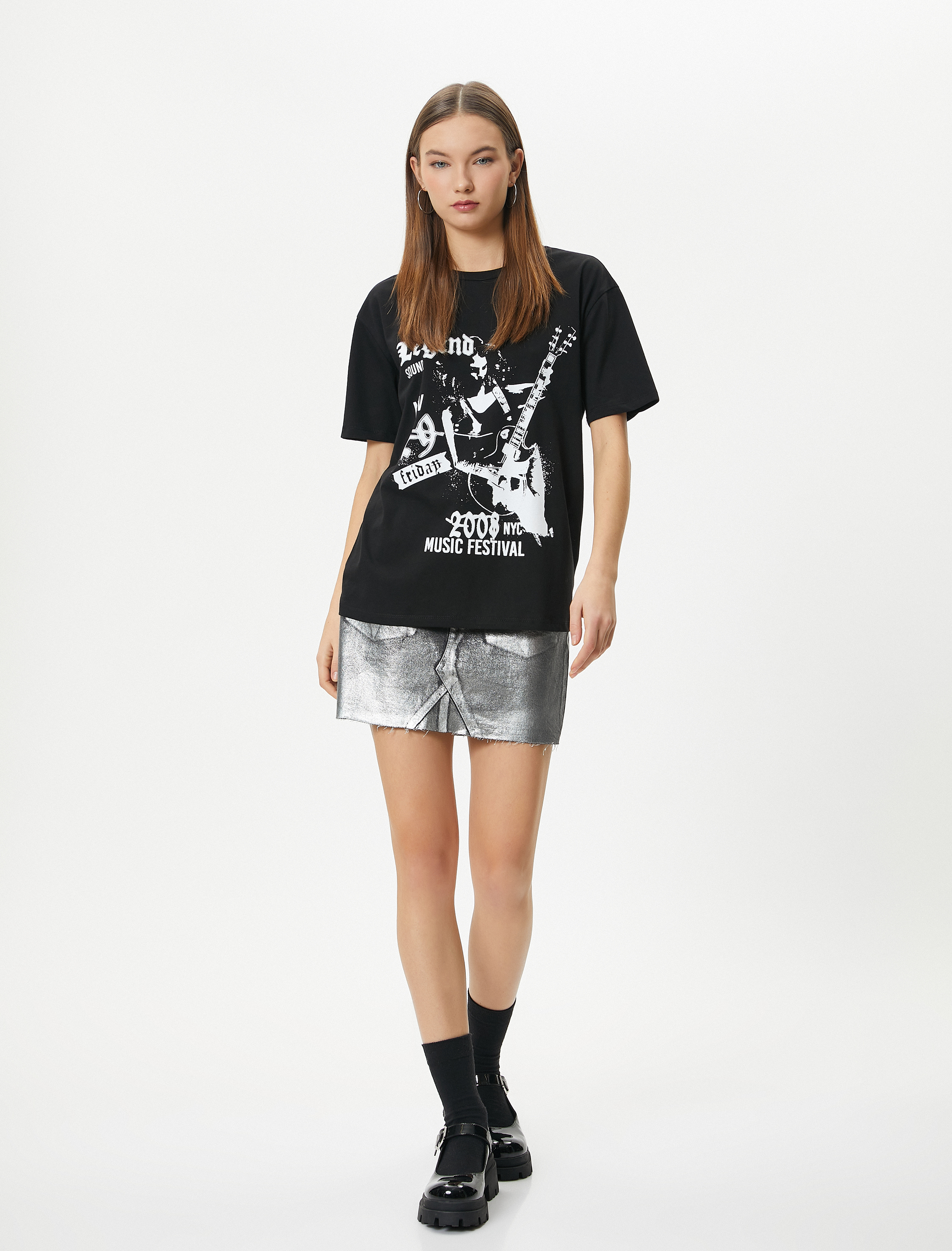   Baskılı Tişört Kısa Kollu Bisiklet Yaka Pamuklu