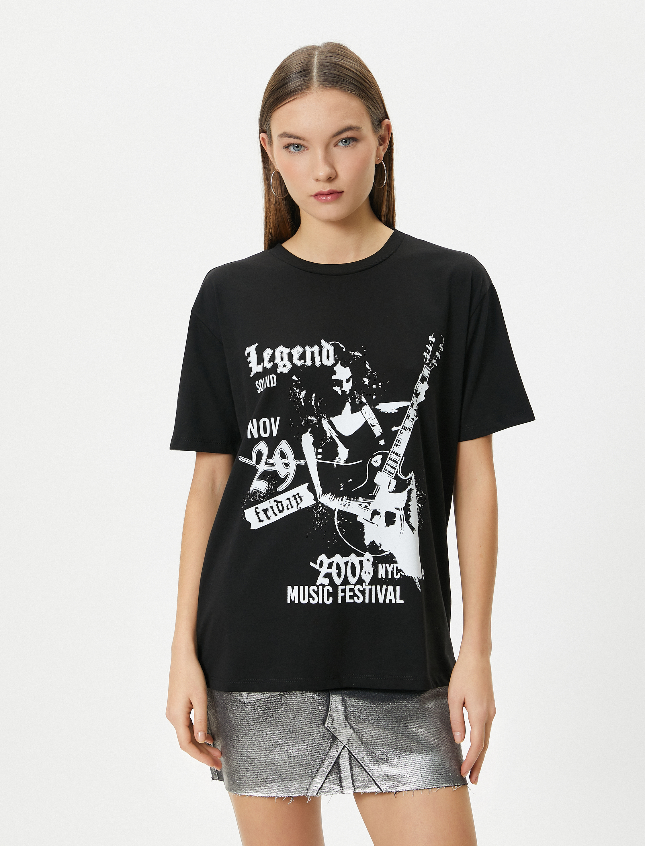   Baskılı Tişört Kısa Kollu Bisiklet Yaka Pamuklu