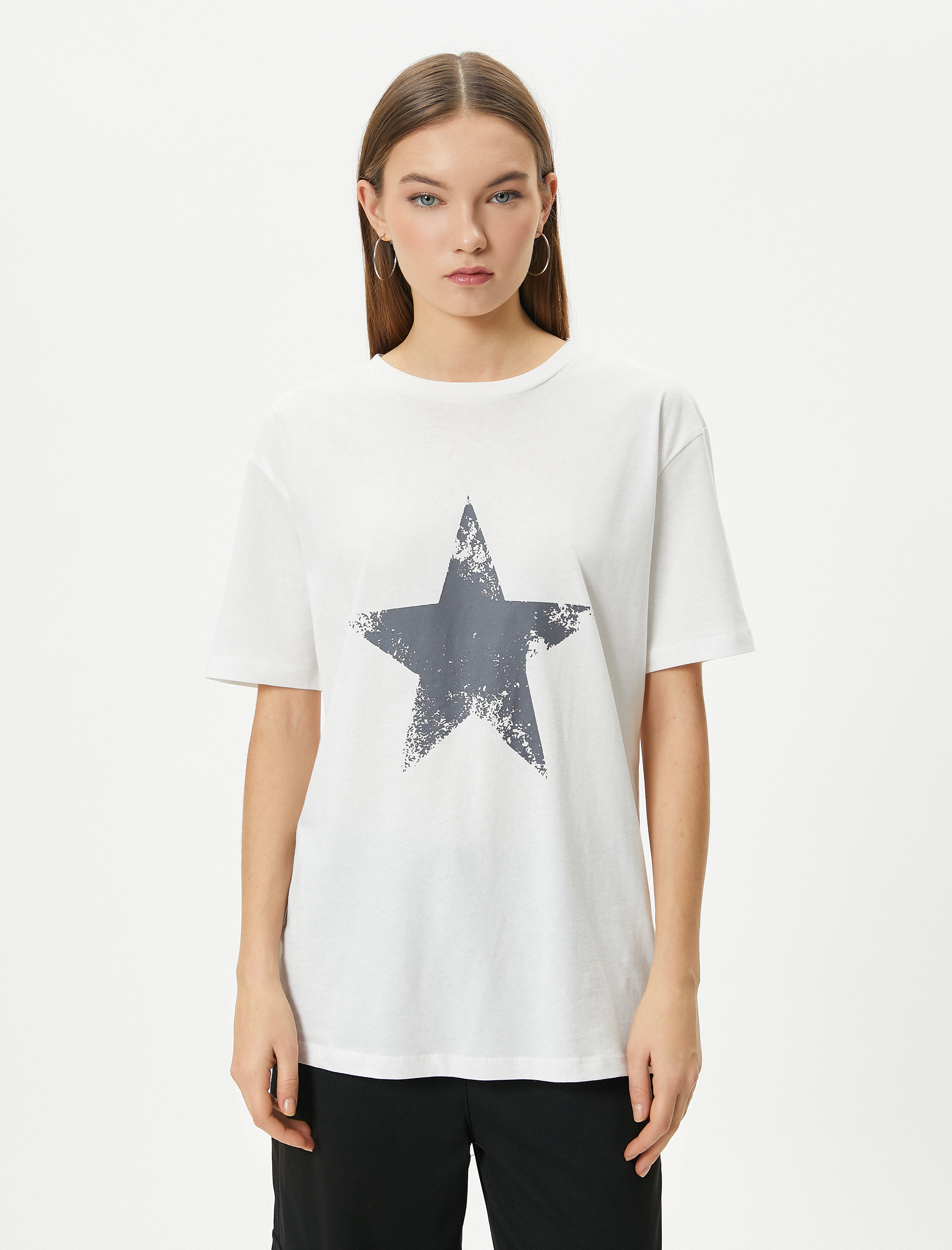   Yıldız Baskılı Tişört Kısa Kollu Bisiklet Yaka Pamuklu