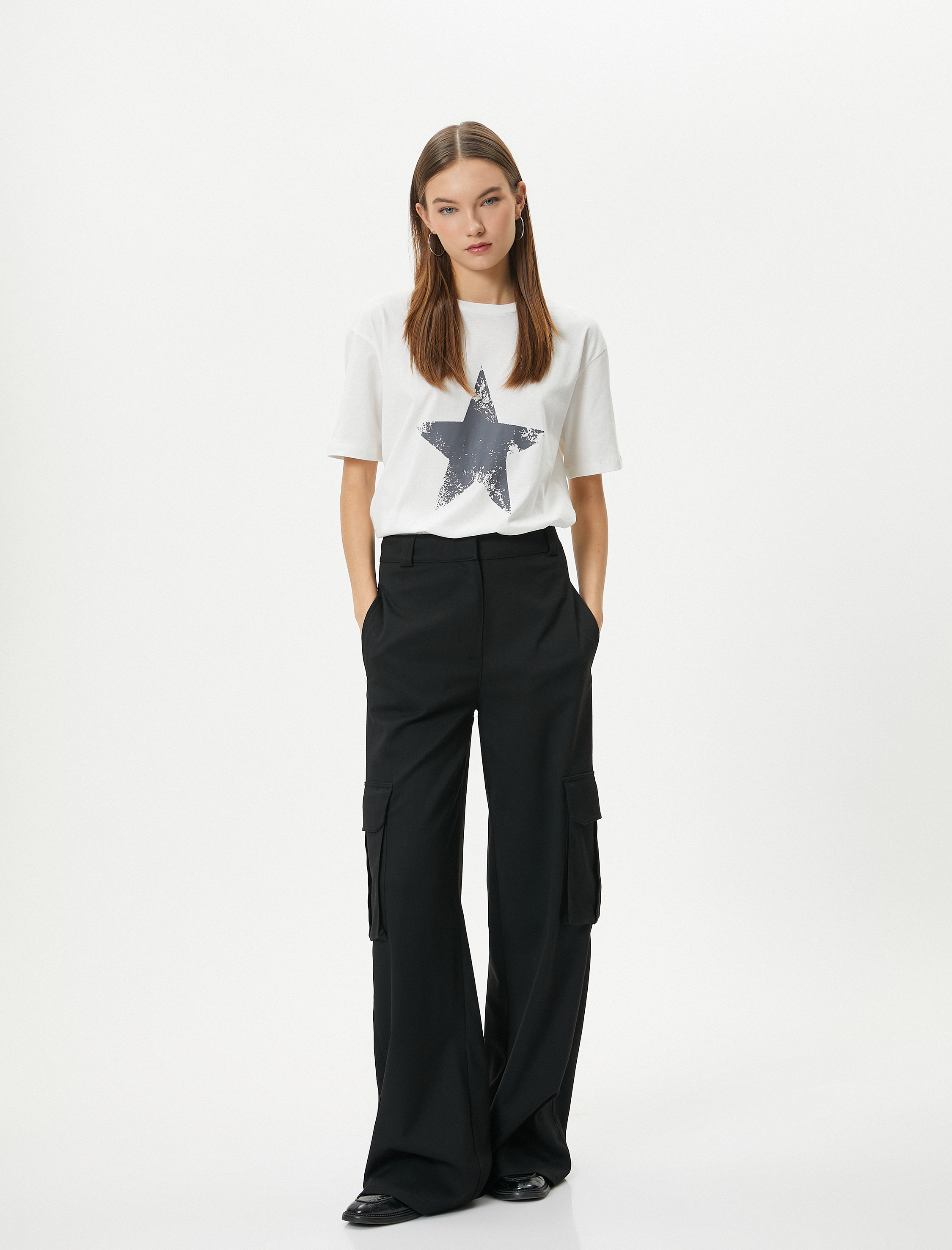   Yıldız Baskılı Tişört Kısa Kollu Bisiklet Yaka Pamuklu