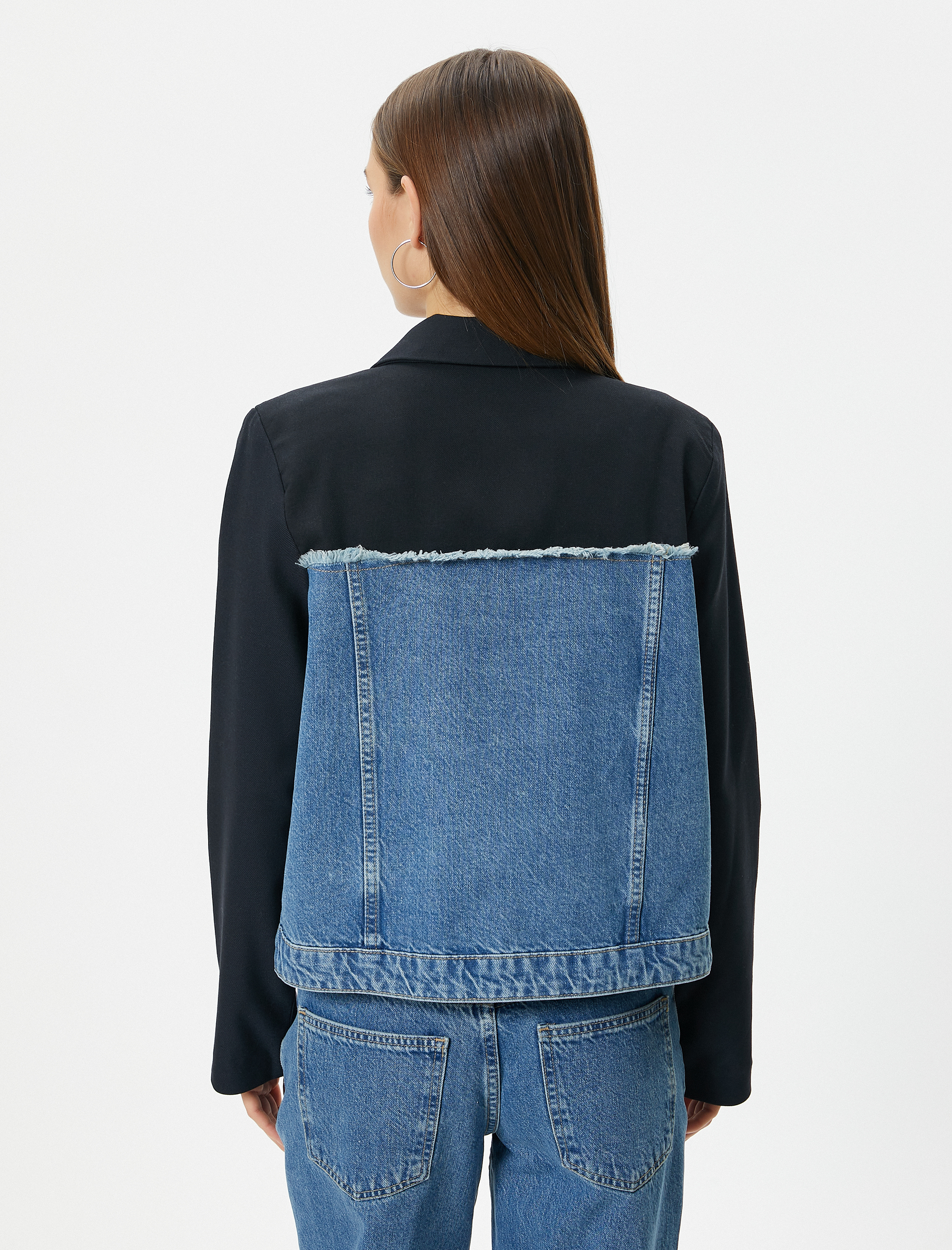   Kot Ceket Çift Kumaş Kullanımlı Renk Kontrastlı Cepli Düğmeli Rahat Kalıp