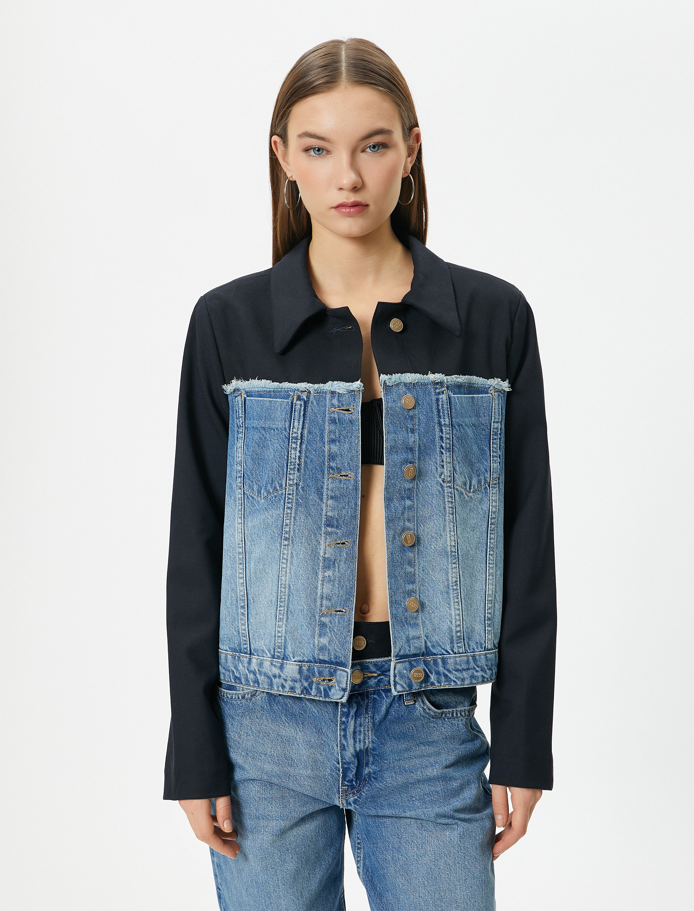   Kot Ceket Çift Kumaş Kullanımlı Renk Kontrastlı Cepli Düğmeli Rahat Kalıp