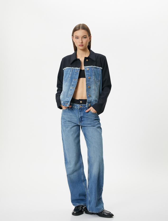  Kot Ceket Çift Kumaş Kullanımlı Renk Kontrastlı Cepli Düğmeli Rahat Kalıp