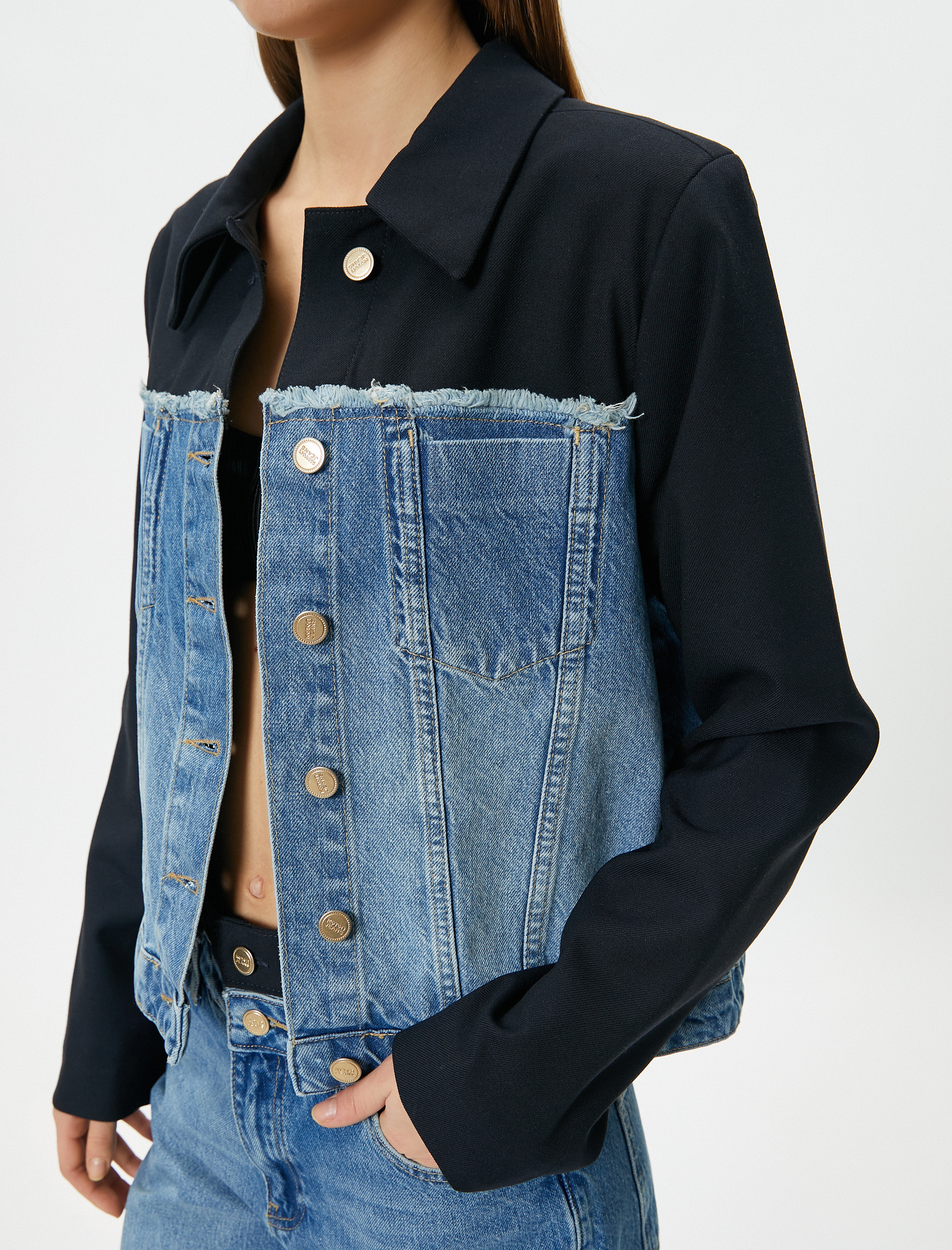   Kot Ceket Çift Kumaş Kullanımlı Renk Kontrastlı Cepli Düğmeli Rahat Kalıp