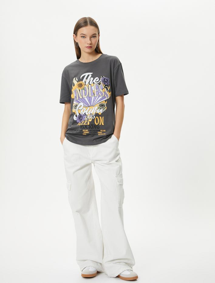  Baskılı Tişört Kısa Kollu Bisiklet Yaka Pamuklu