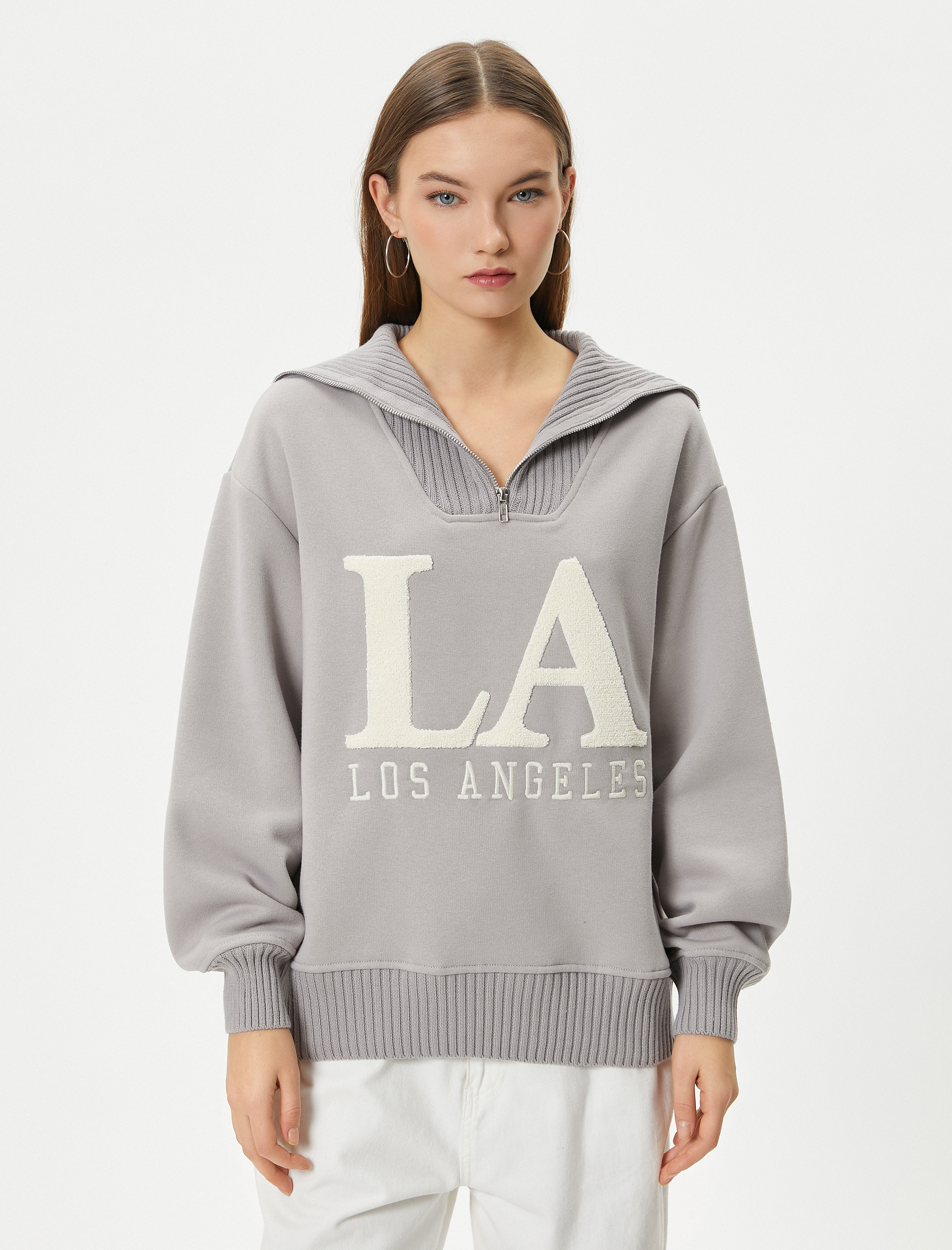   Şardonlu Oversize Kolej Sweatshirt Yarım Fermuarlı İşlemeli Ribanalı