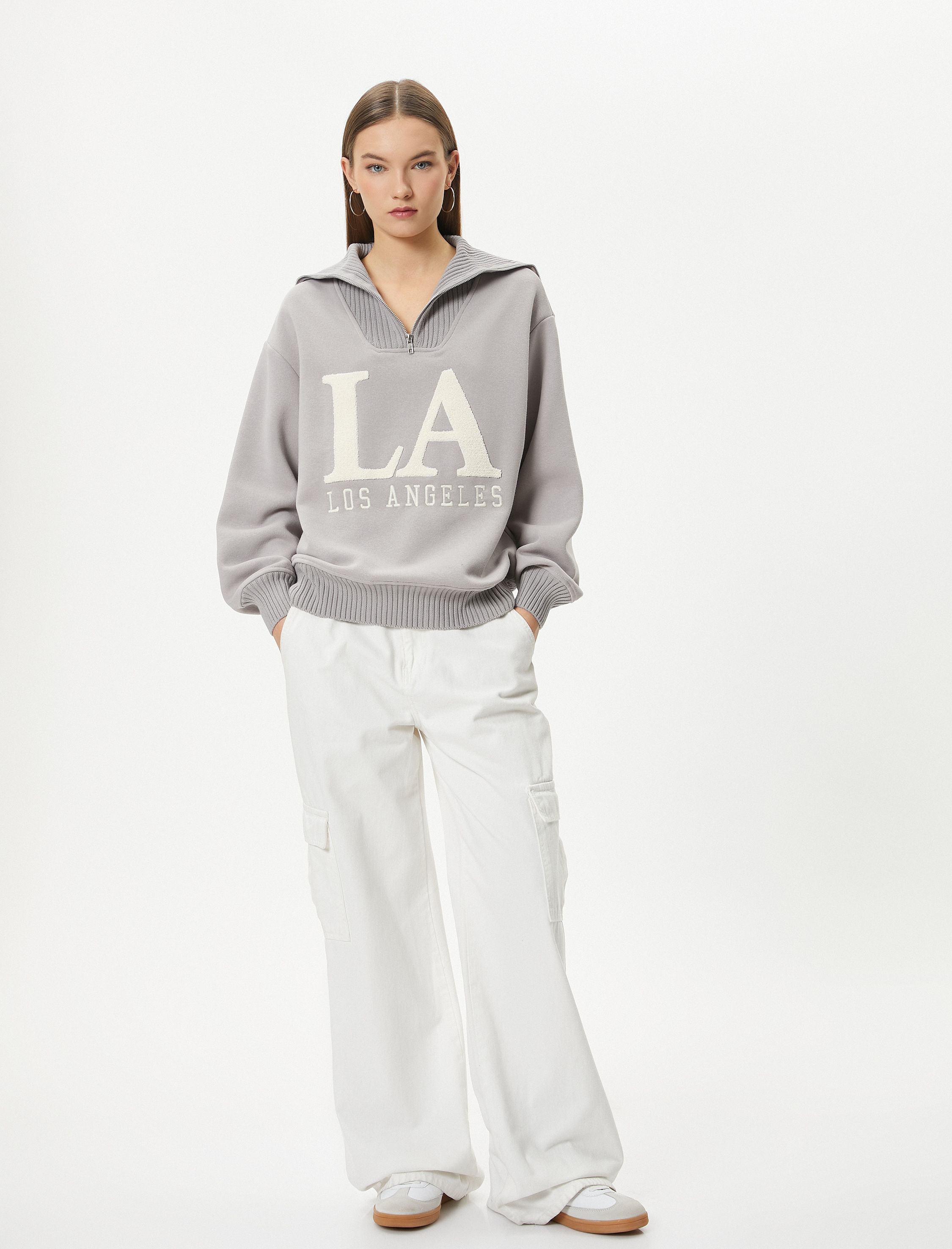   Şardonlu Oversize Kolej Sweatshirt Yarım Fermuarlı İşlemeli Ribanalı