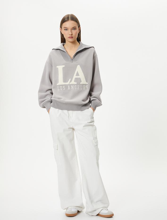  Şardonlu Oversize Kolej Sweatshirt Yarım Fermuarlı İşlemeli Ribanalı