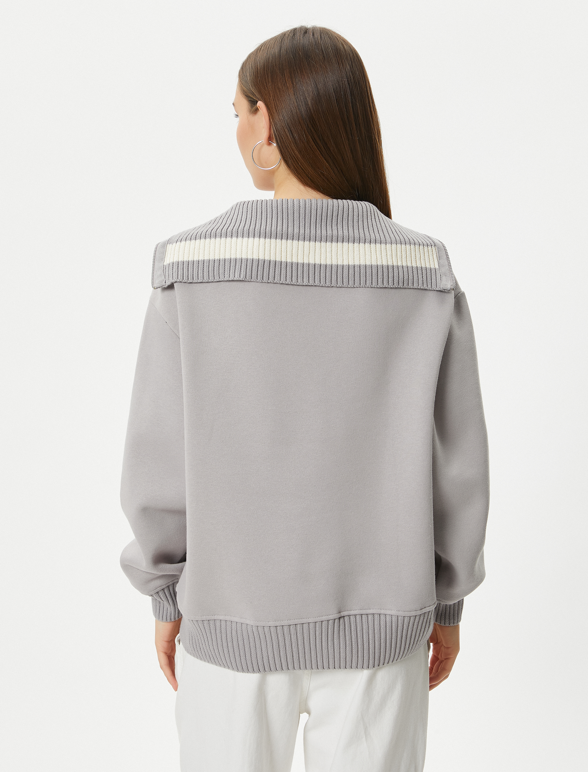   Şardonlu Oversize Kolej Sweatshirt Yarım Fermuarlı İşlemeli Ribanalı