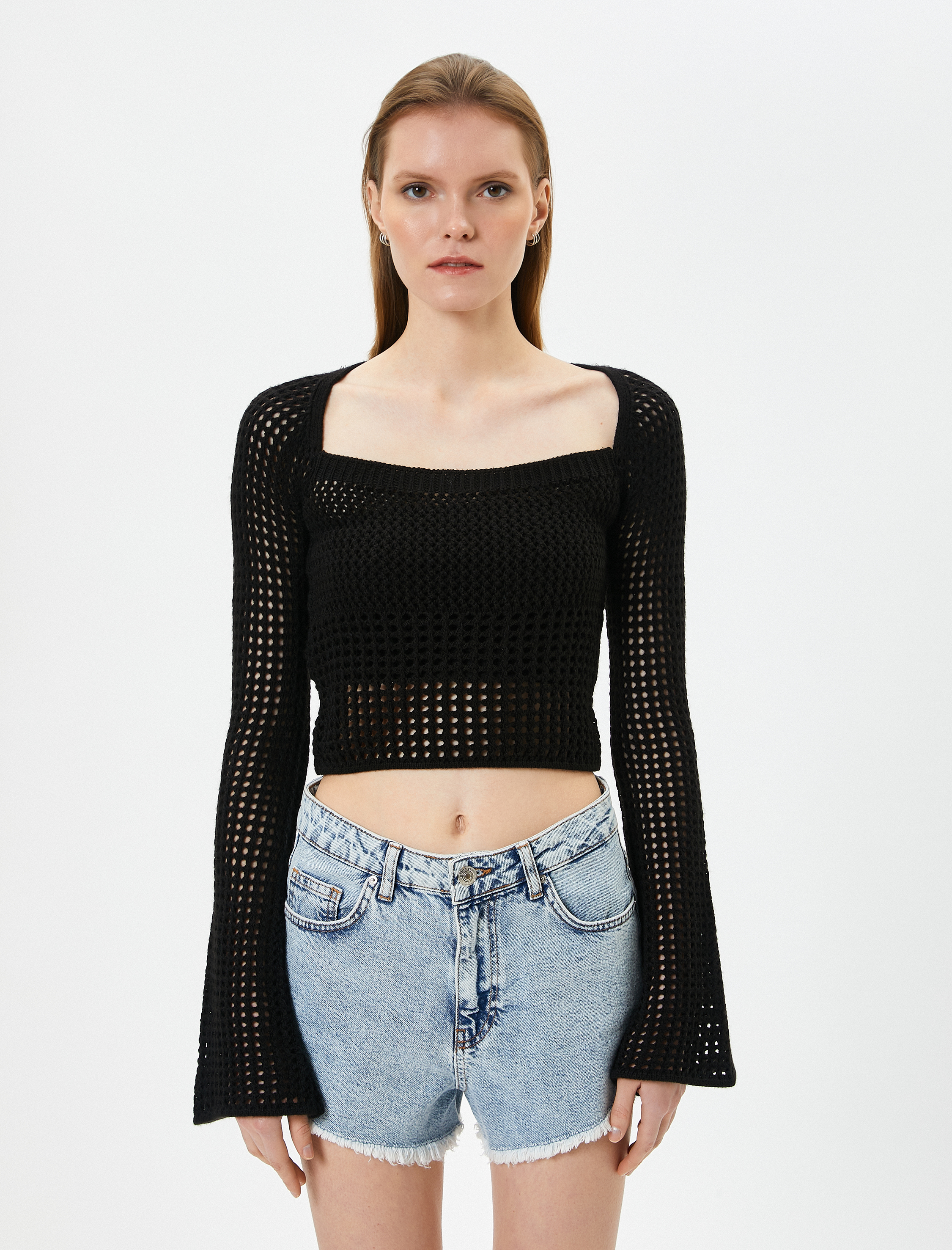   Crop Kroşe Üst Uzun Kollu Ajurlu