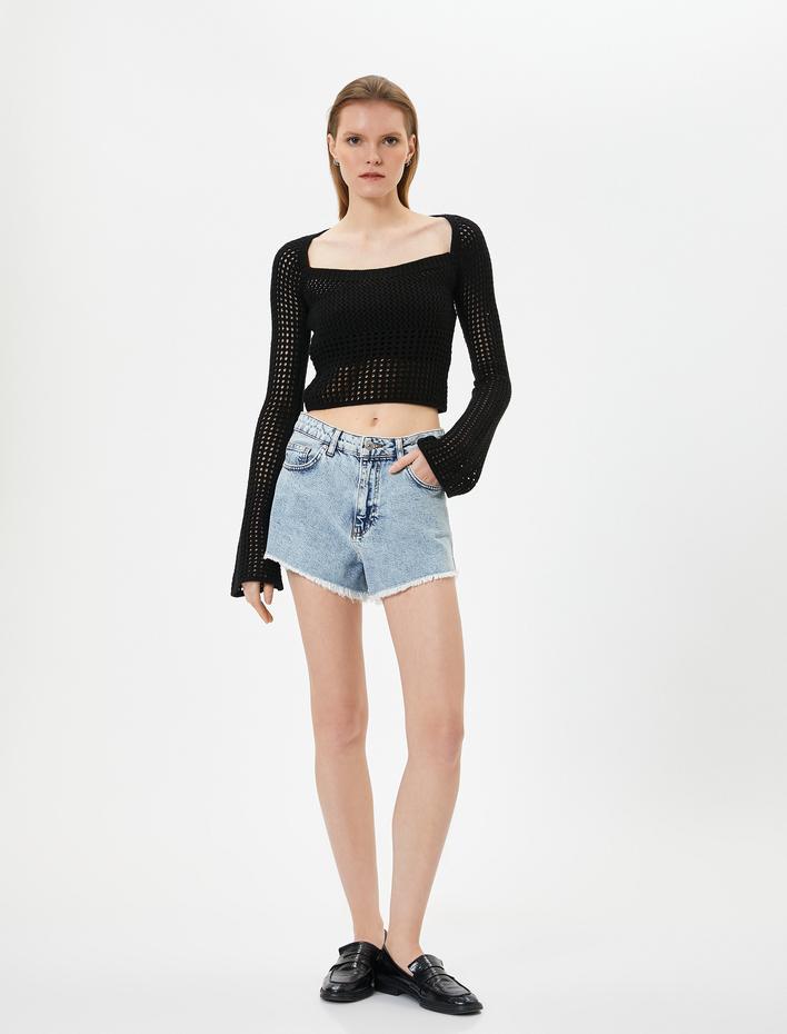  Crop Kroşe Üst Uzun Kollu Ajurlu