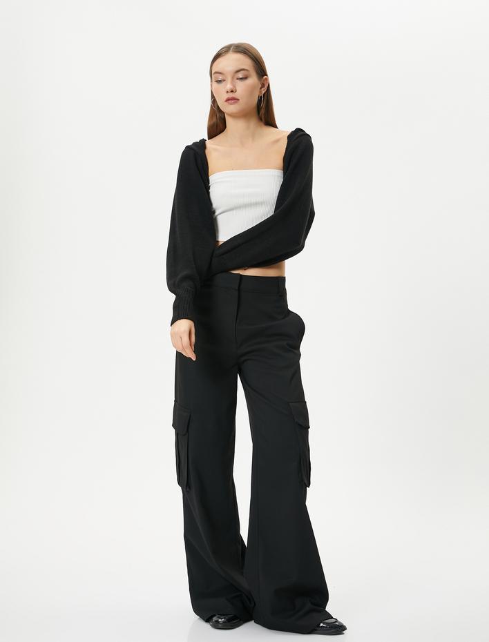  Kapüşonlu Crop Hırka Uzun Kollu