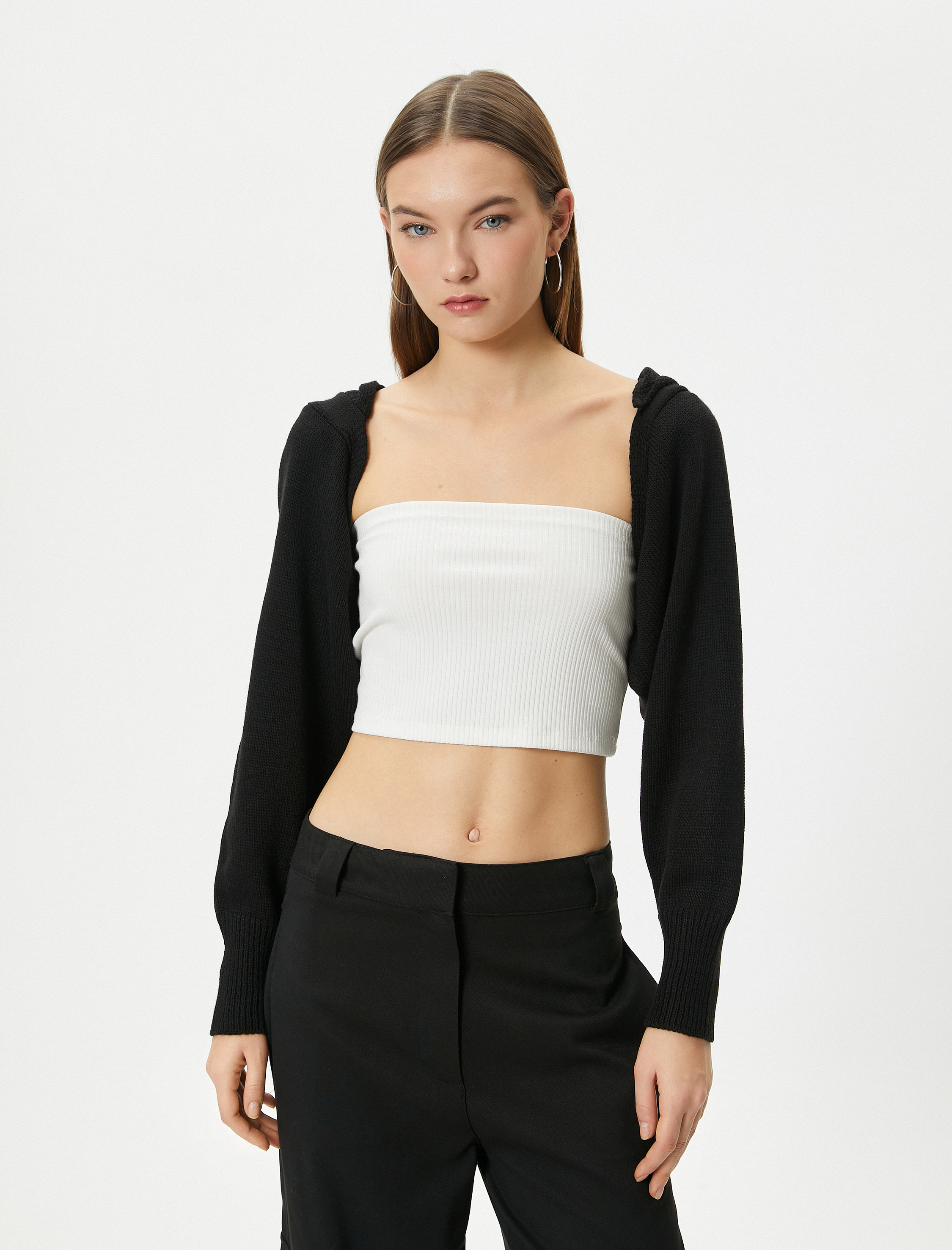   Kapüşonlu Crop Hırka Uzun Kollu