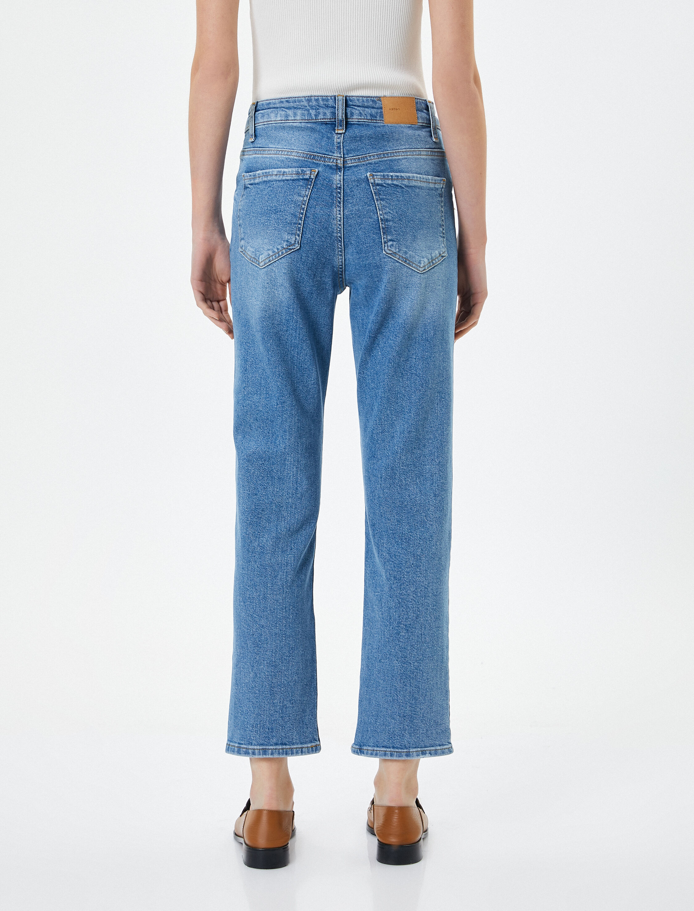   Düz Paça Kot Pantolon Standart Bel Pamuklu Esnek Cepli - Eve Slim Jean