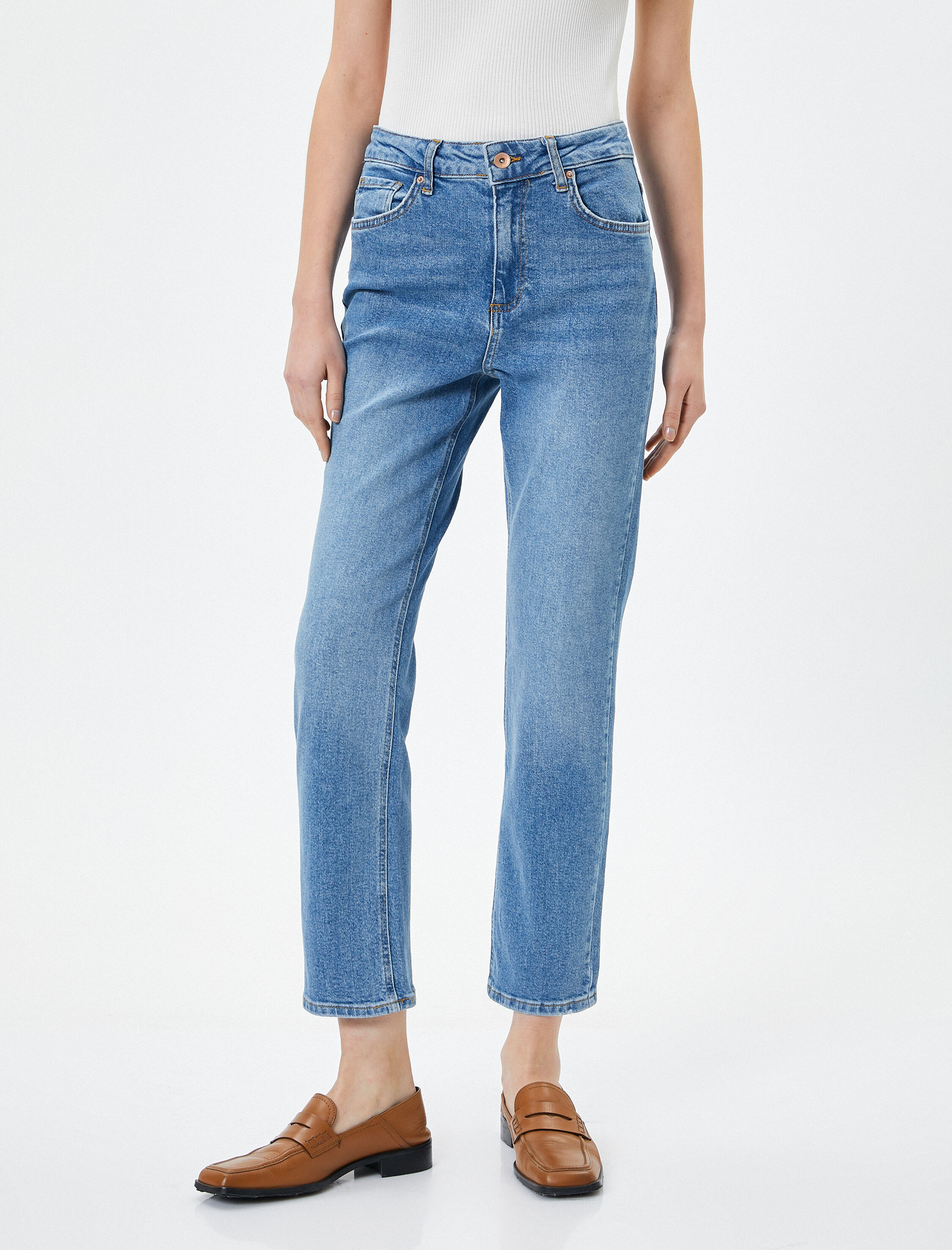   Düz Paça Kot Pantolon Standart Bel Pamuklu Esnek Cepli - Eve Slim Jean