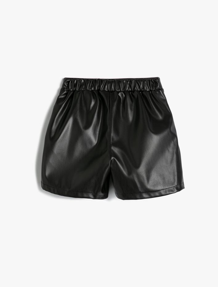 Kız Çocuk Şort Etek Deri Görünümlü Beli Lastikli Toka Detaylı