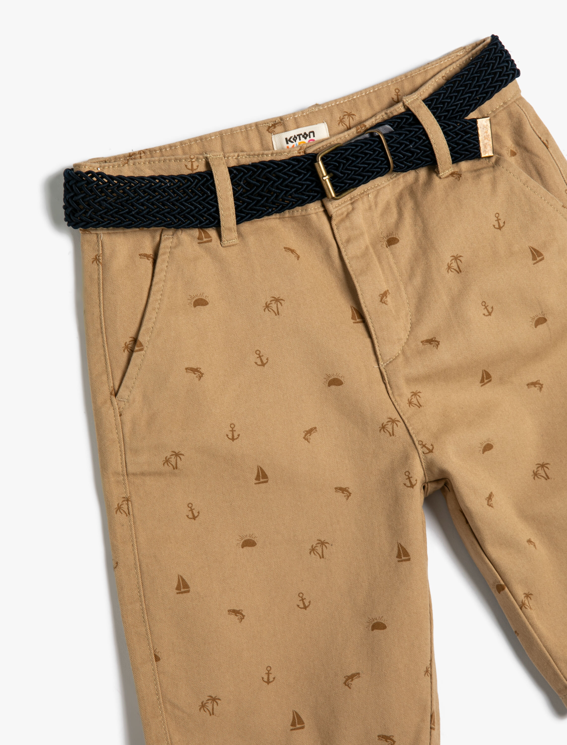  Erkek Çocuk Chino Şort Kemer Detaylı Palmiye Desenli Cepli Pamuklu