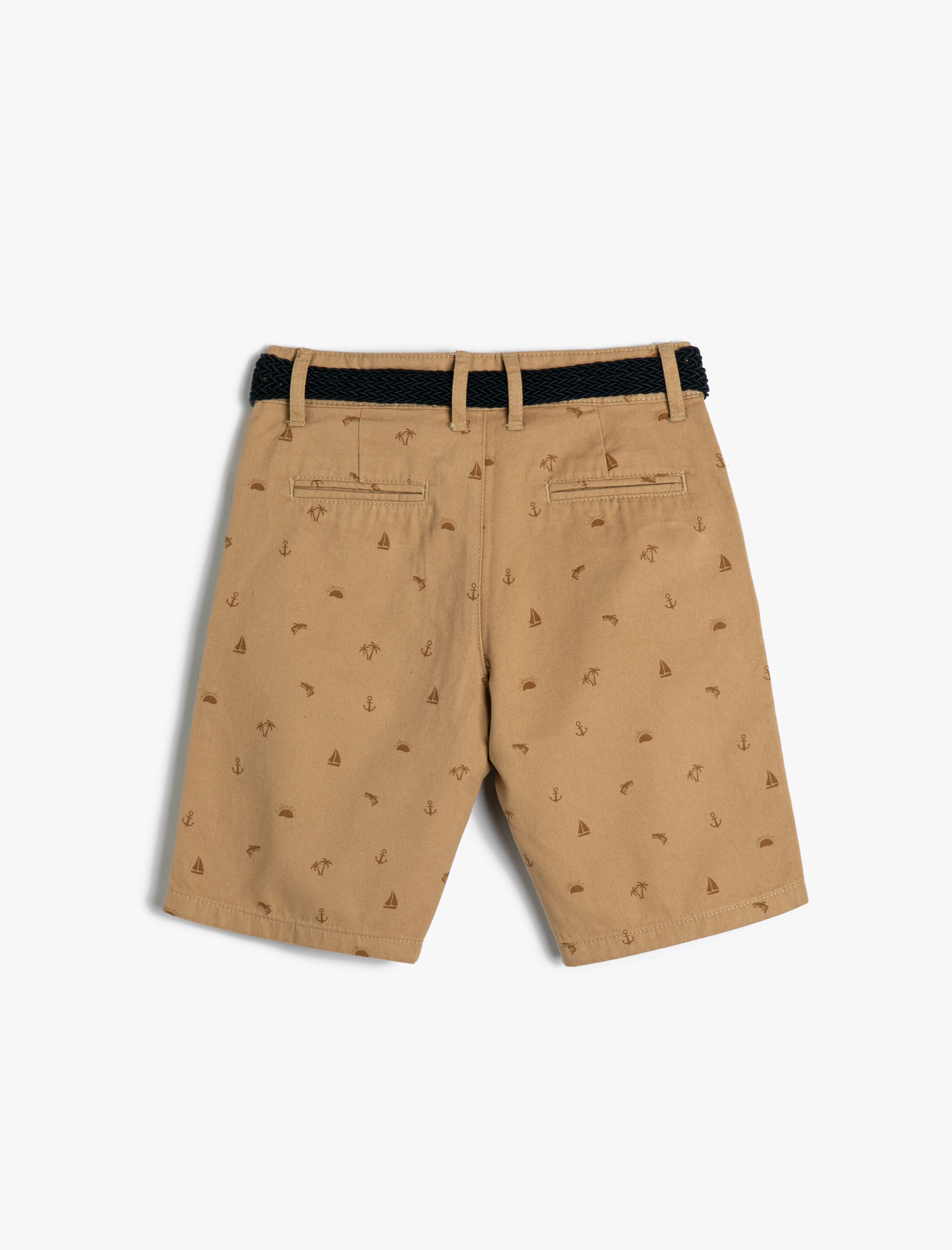  Erkek Çocuk Chino Şort Kemer Detaylı Palmiye Desenli Cepli Pamuklu
