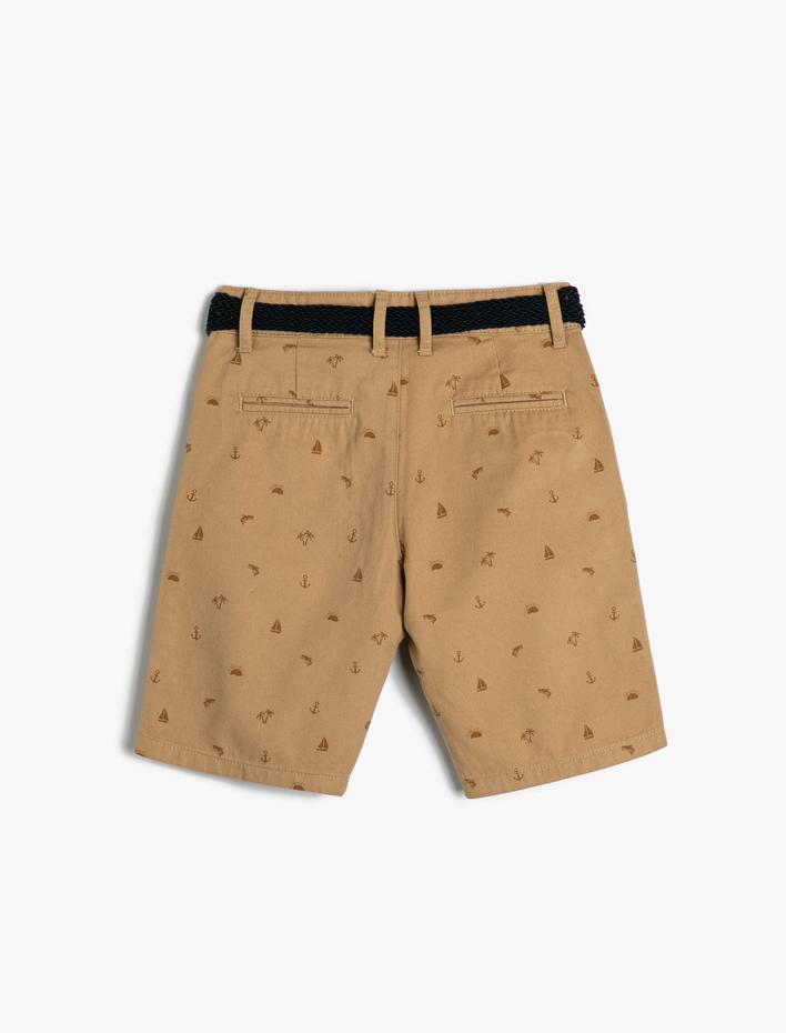 Erkek Çocuk Chino Şort Kemer Detaylı Palmiye Desenli Cepli Pamuklu
