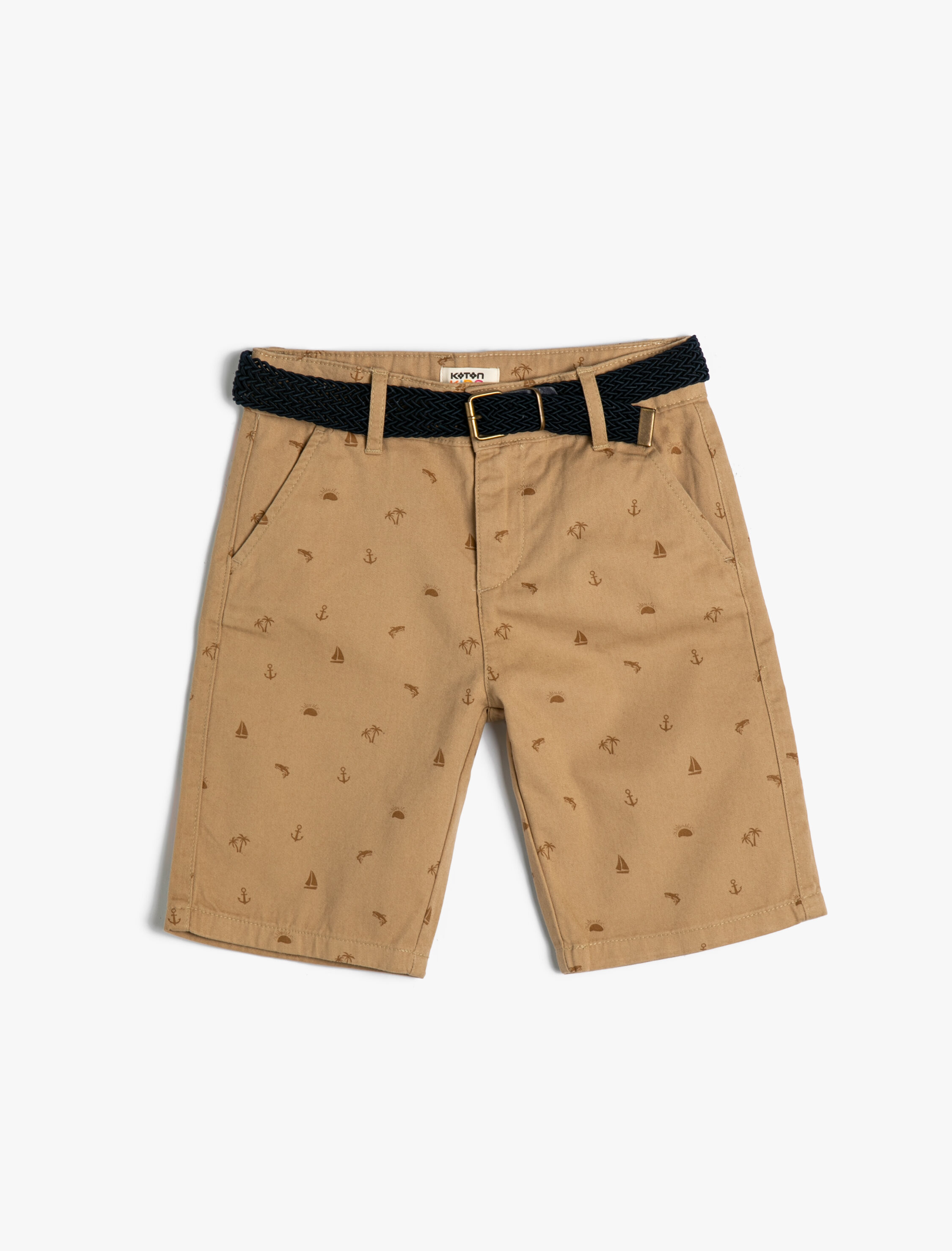  Erkek Çocuk Chino Şort Kemer Detaylı Palmiye Desenli Cepli Pamuklu