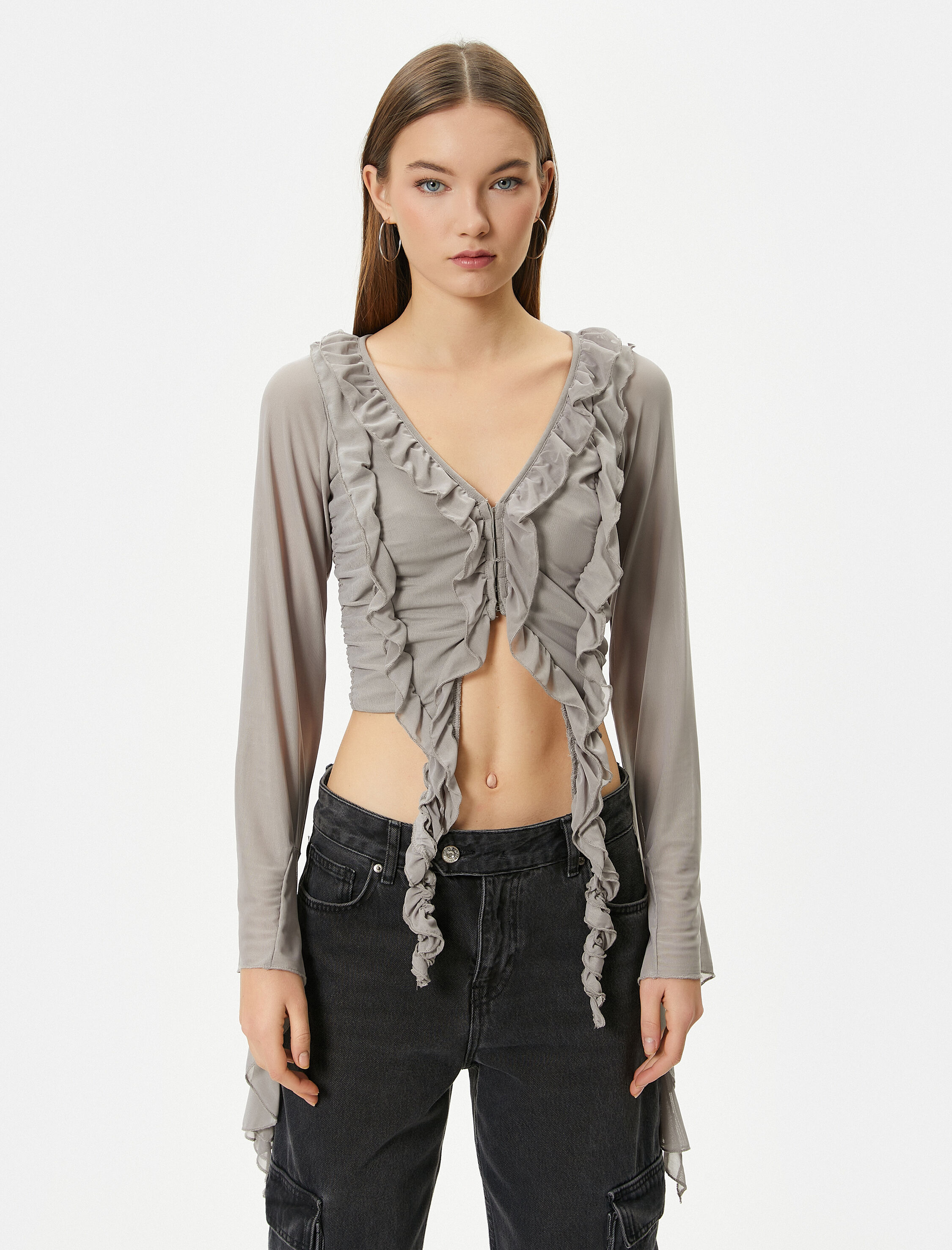   Tül Fırfırlı Bluz Crop Asimetrik Dökümlü Uzun Kol V Yaka