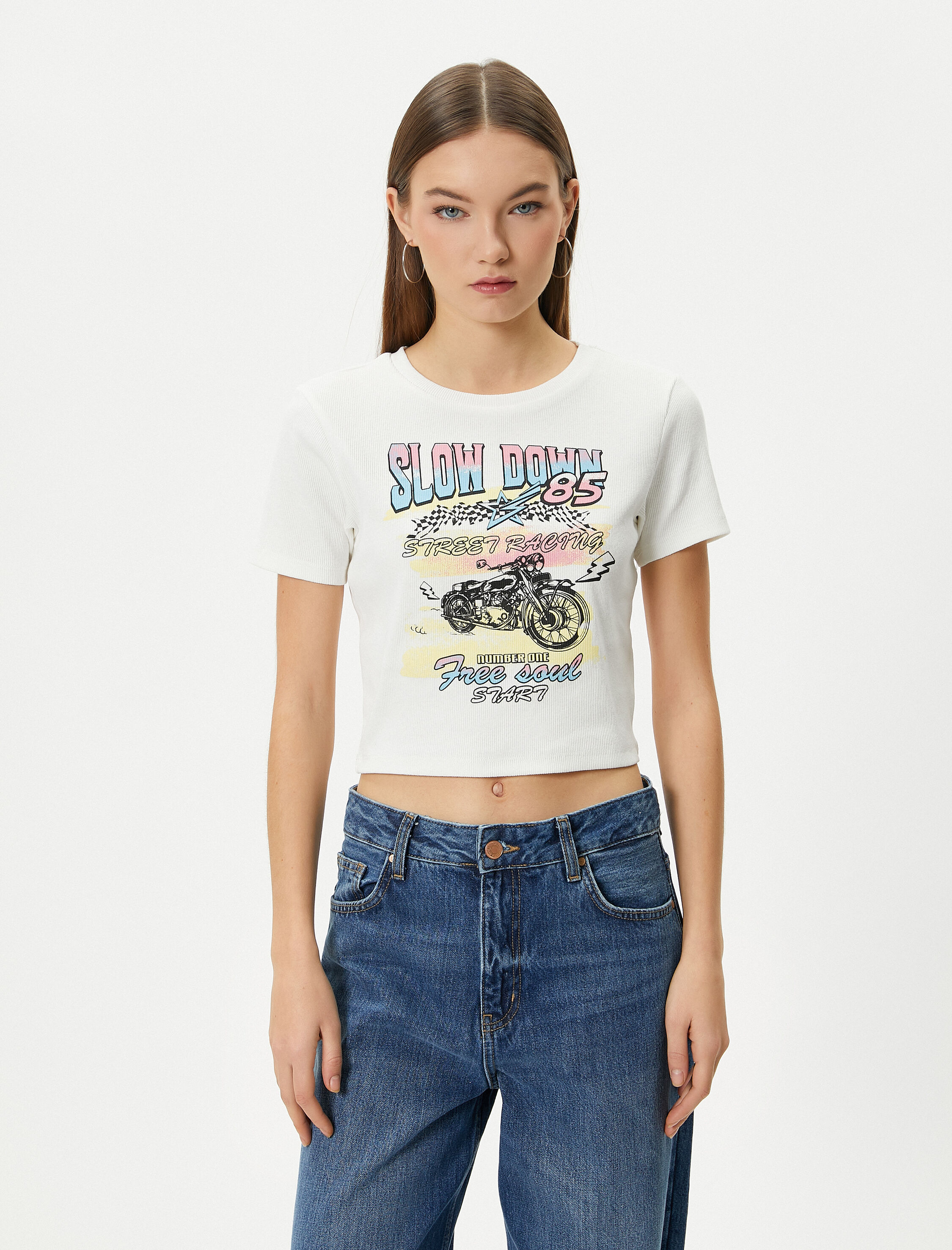   Baskılı Crop Tişört Kısa Kollu Bisiklet Yaka Pamuklu