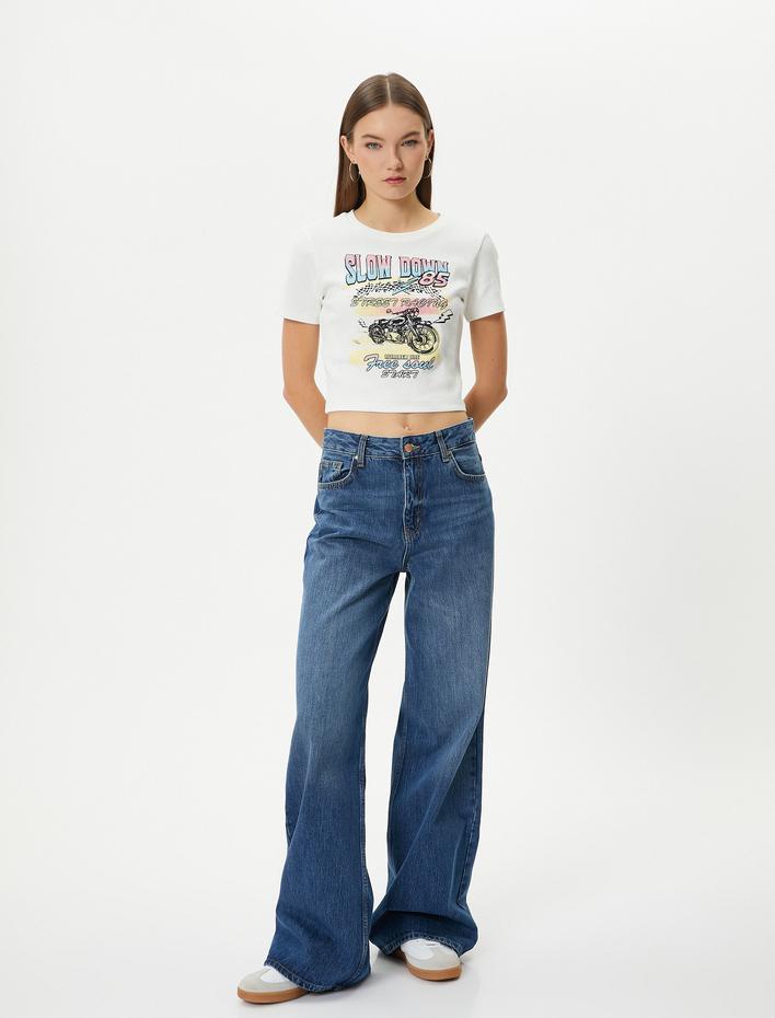  Baskılı Crop Tişört Kısa Kollu Bisiklet Yaka Pamuklu