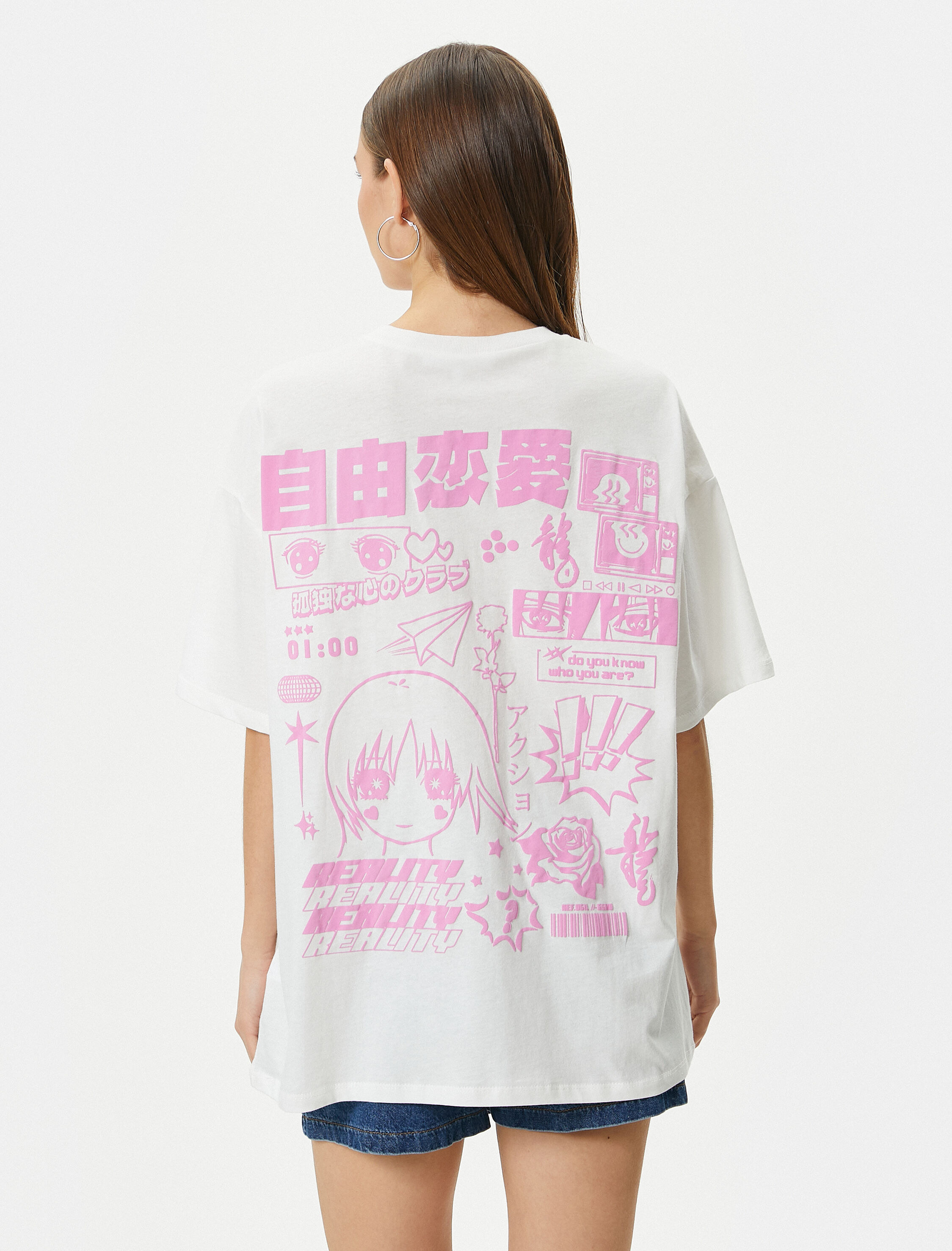   Arkası Baskılı Anime Tişört Rahat Kalıp Kısa Kollu Bisiklet Yaka Pamuklu