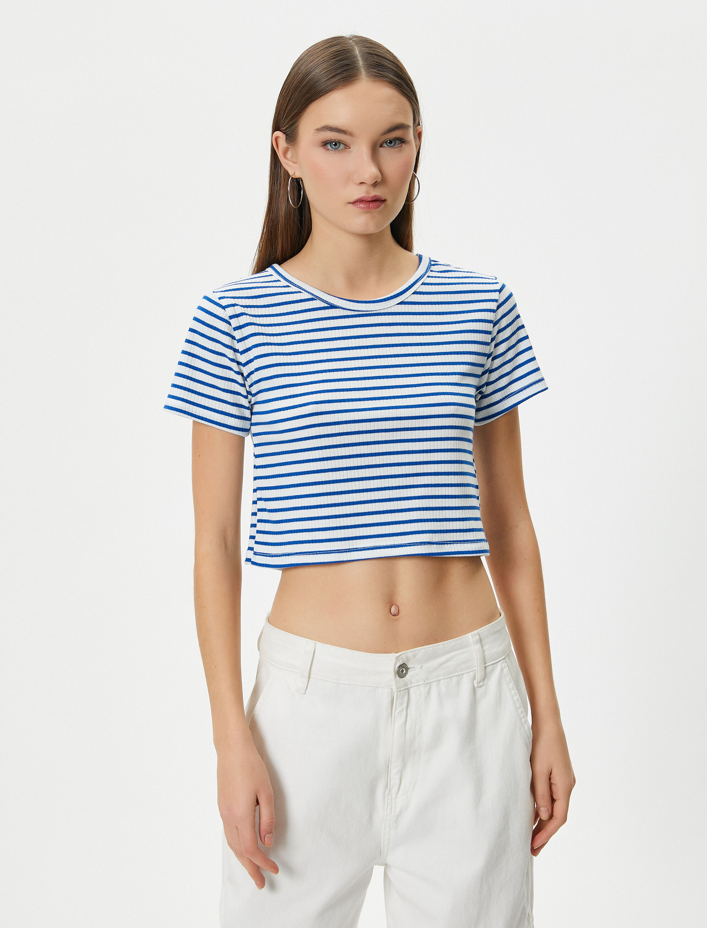 Crop Tişört Slim Fit Ribanalı Kısa Kollu Bisiklet Yaka